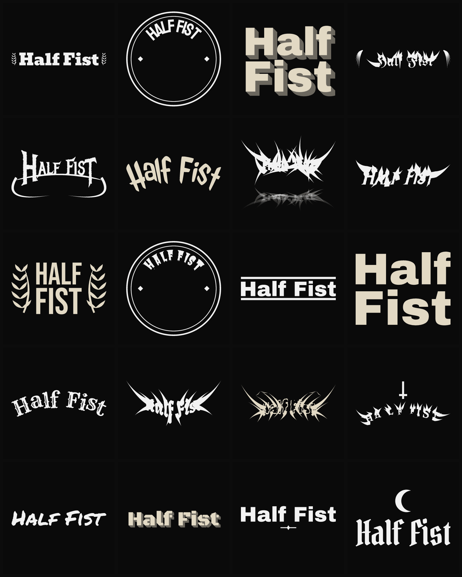 Twenty Half Fist band logo ideas — different faces, treatments and spike settings