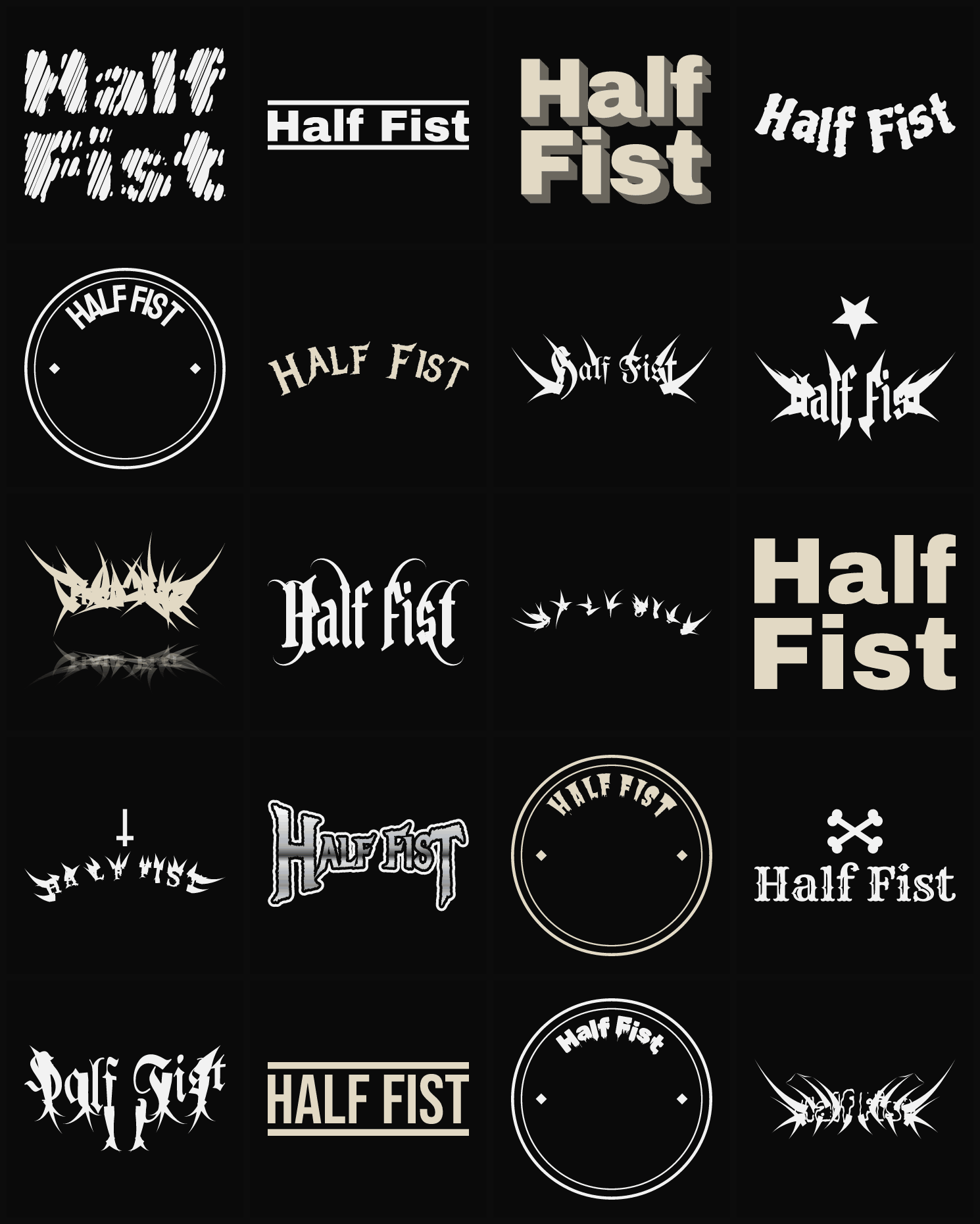 Twenty Half Fist band logo ideas — different faces, treatments and spike settings