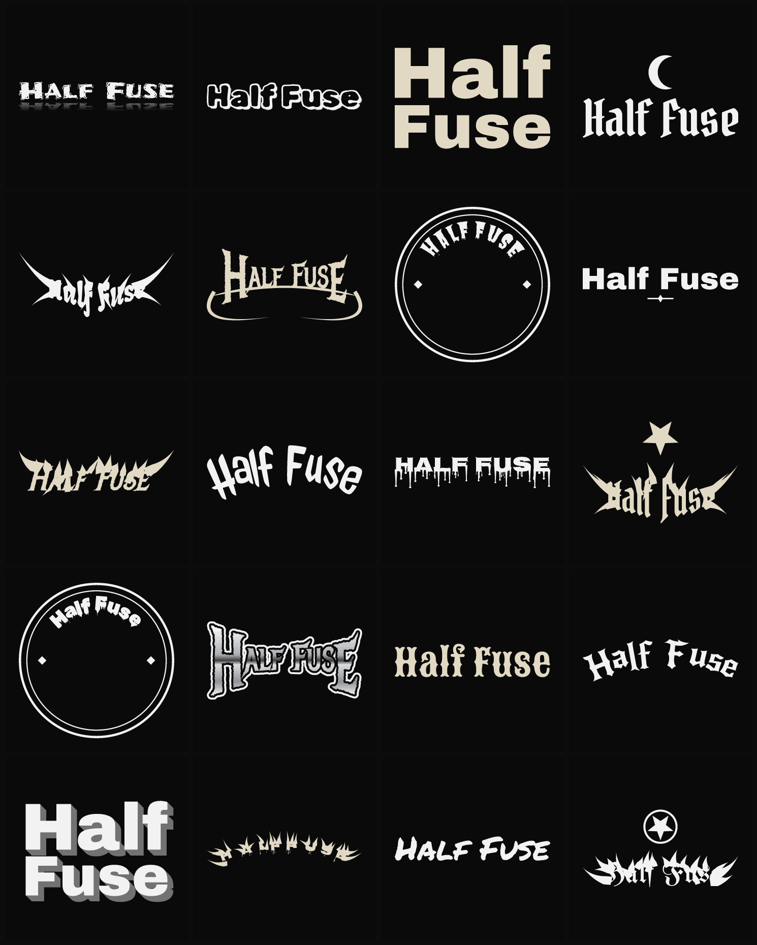 Twenty Half Fuse band logo ideas — different faces, treatments and spike settings