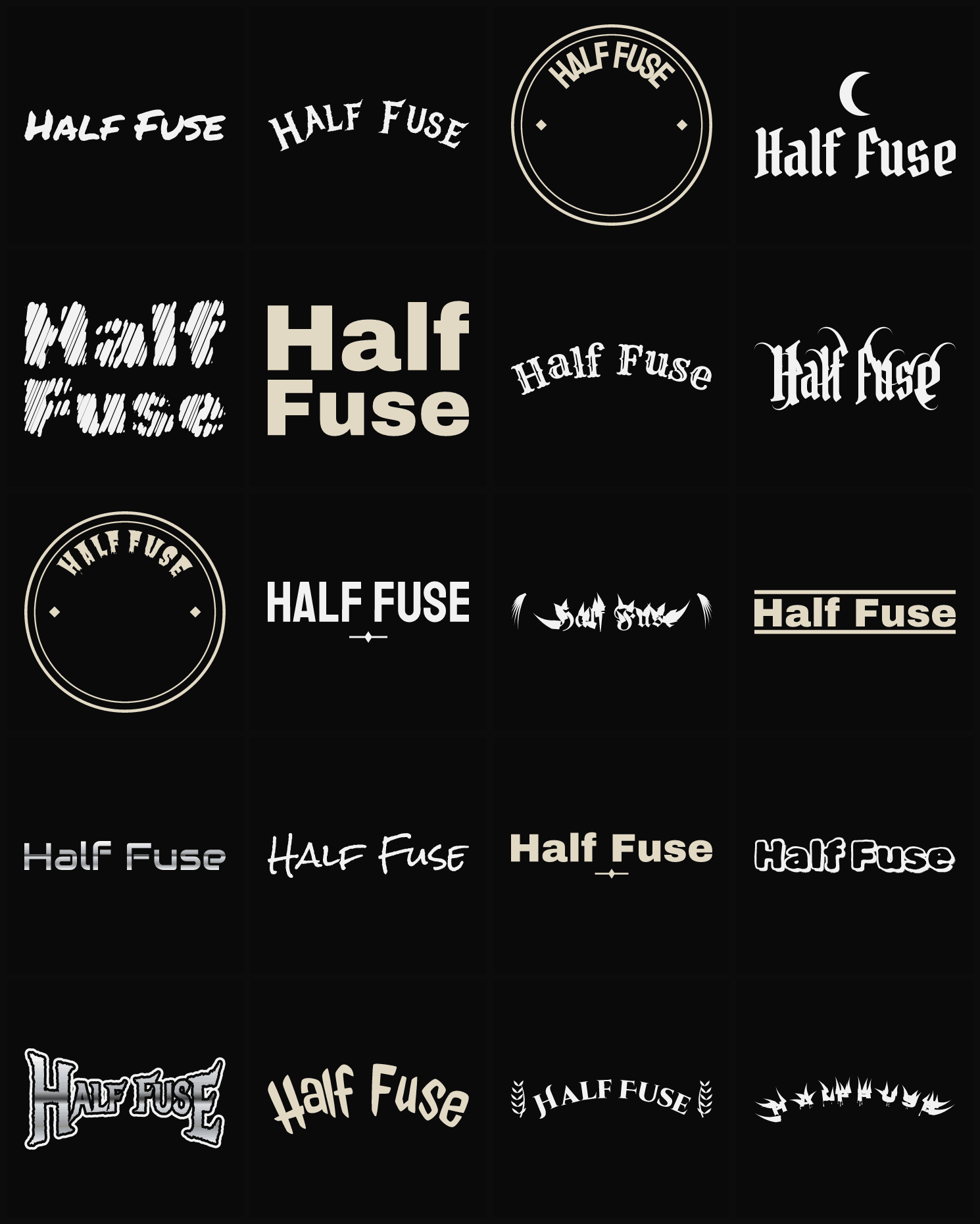Twenty Half Fuse band logo ideas — different faces, treatments and spike settings