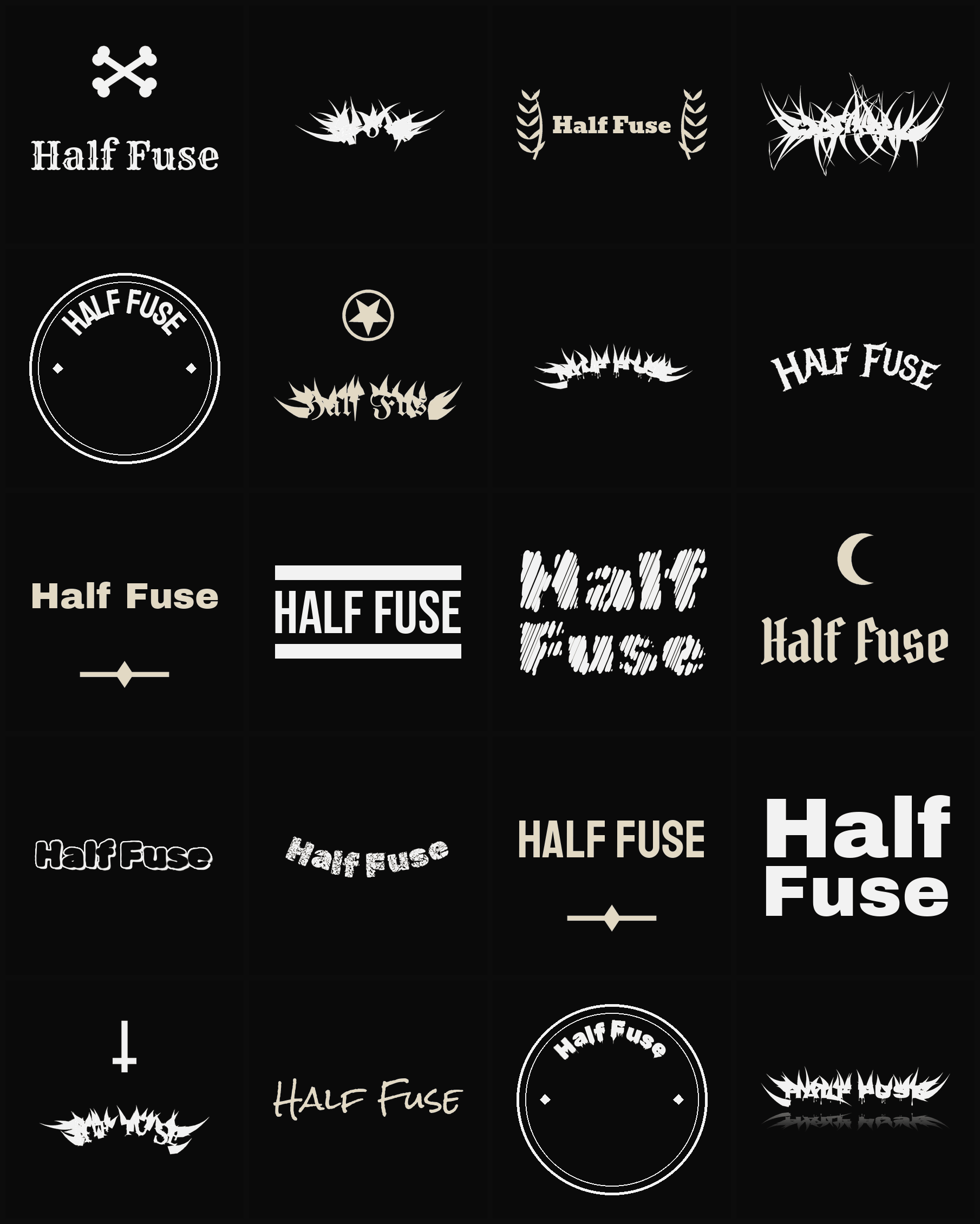 Twenty Half Fuse band logo ideas — different faces, treatments and spike settings