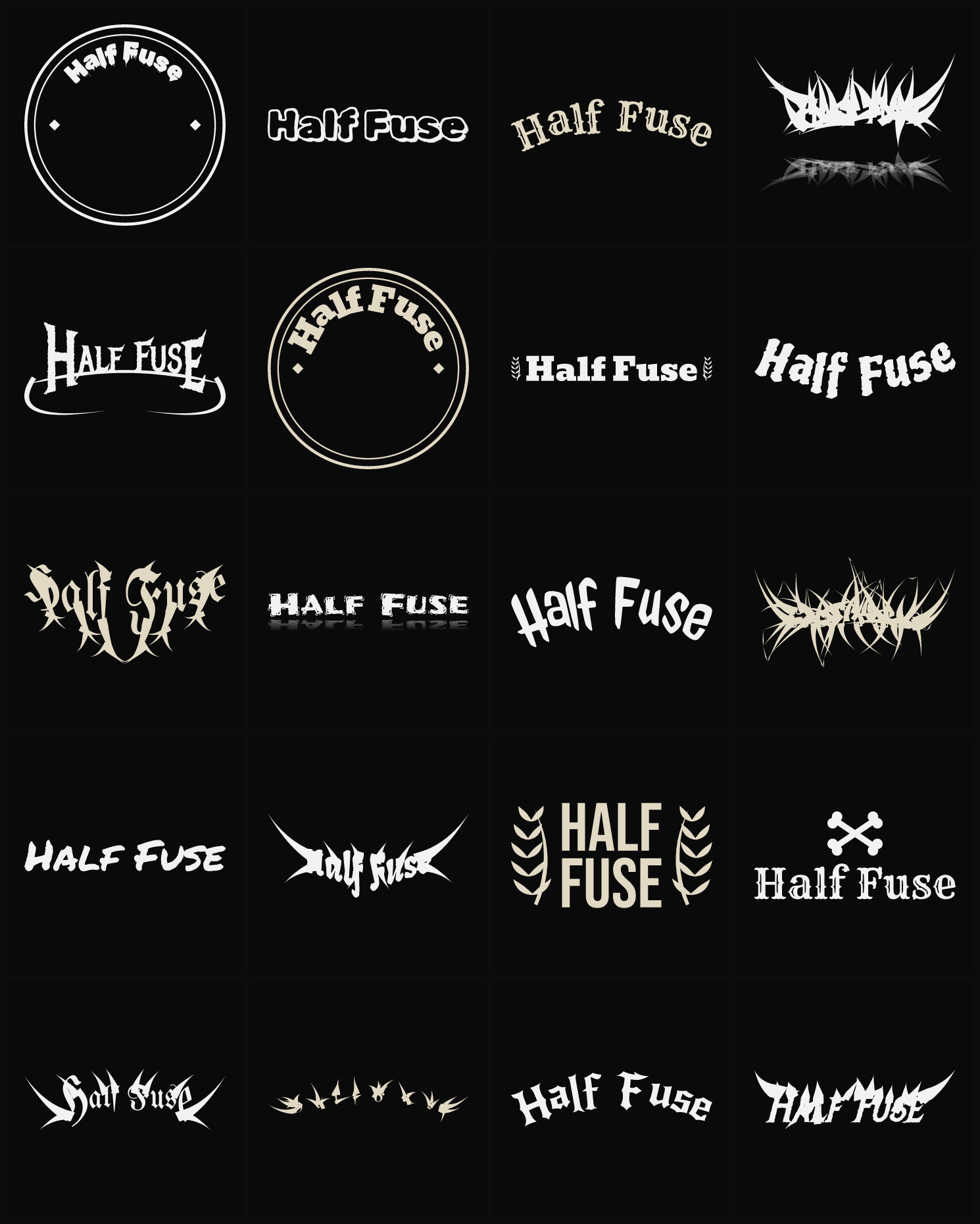 Twenty Half Fuse band logo ideas — different faces, treatments and spike settings
