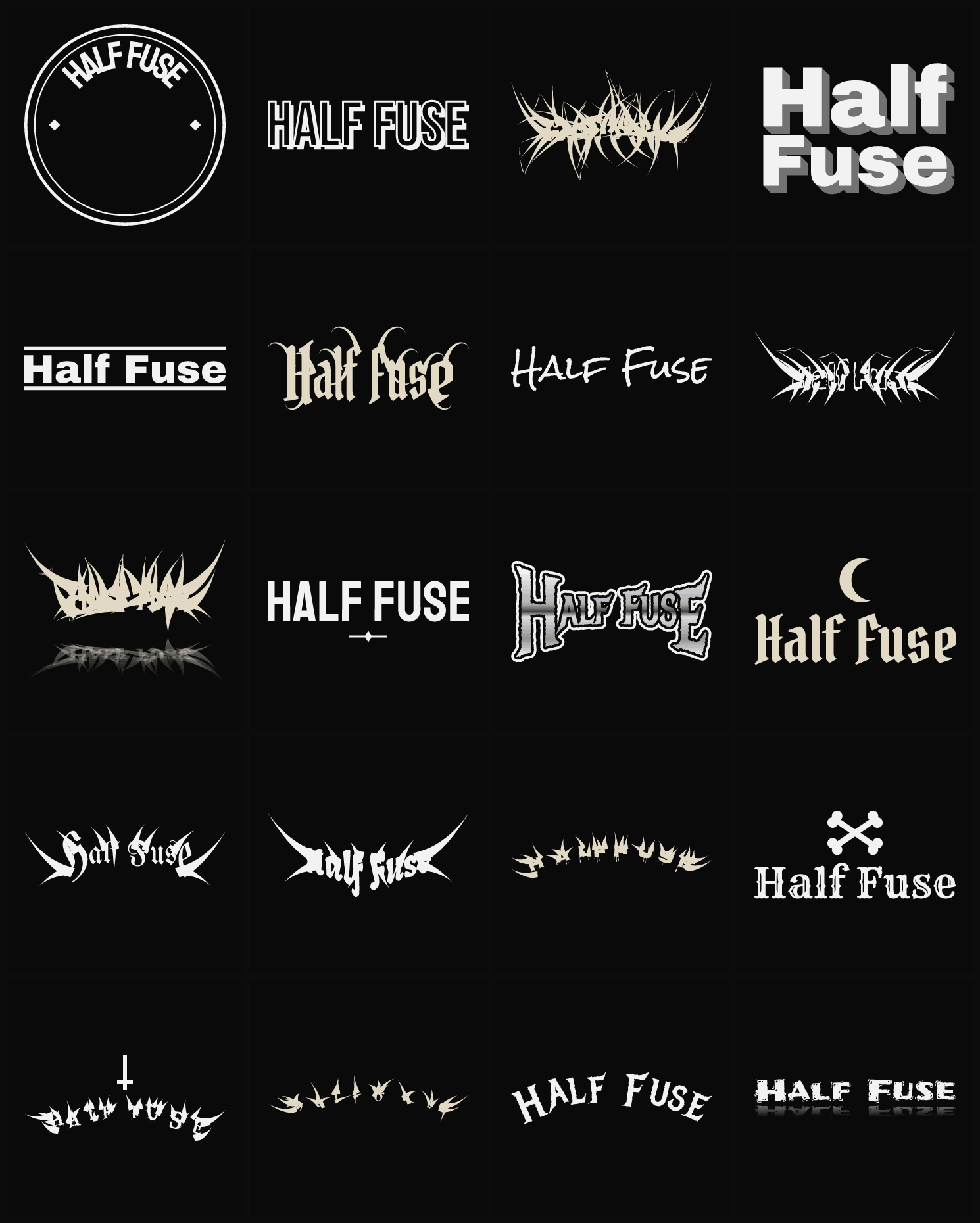 Twenty Half Fuse band logo ideas — different faces, treatments and spike settings