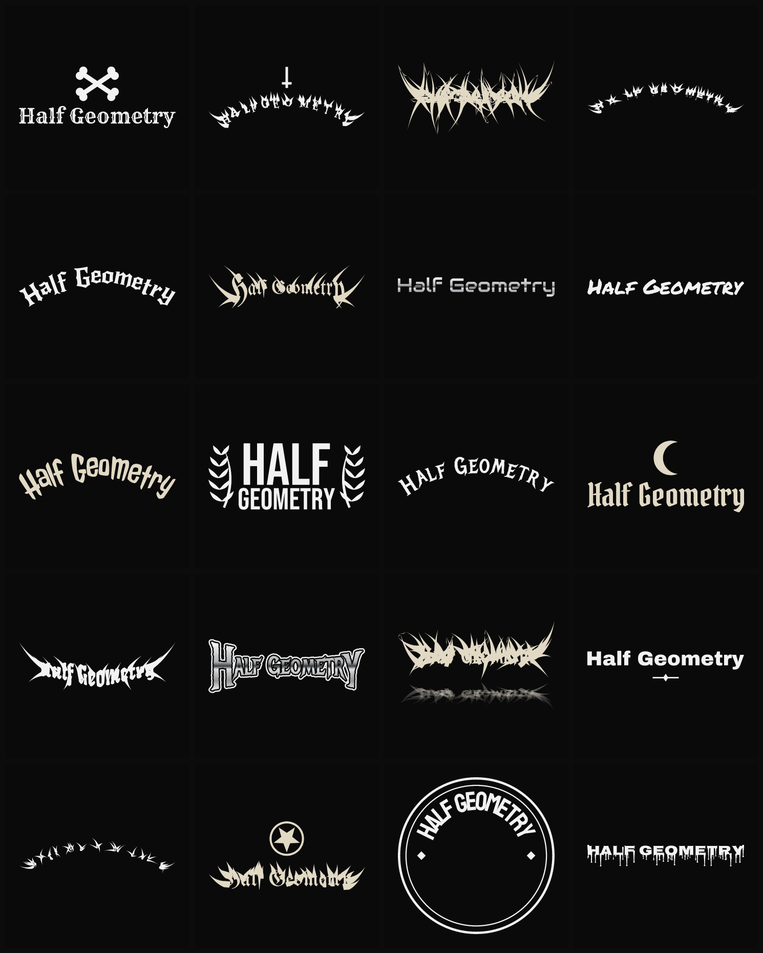 Twenty Half Geometry band logo ideas — different faces, treatments and spike settings