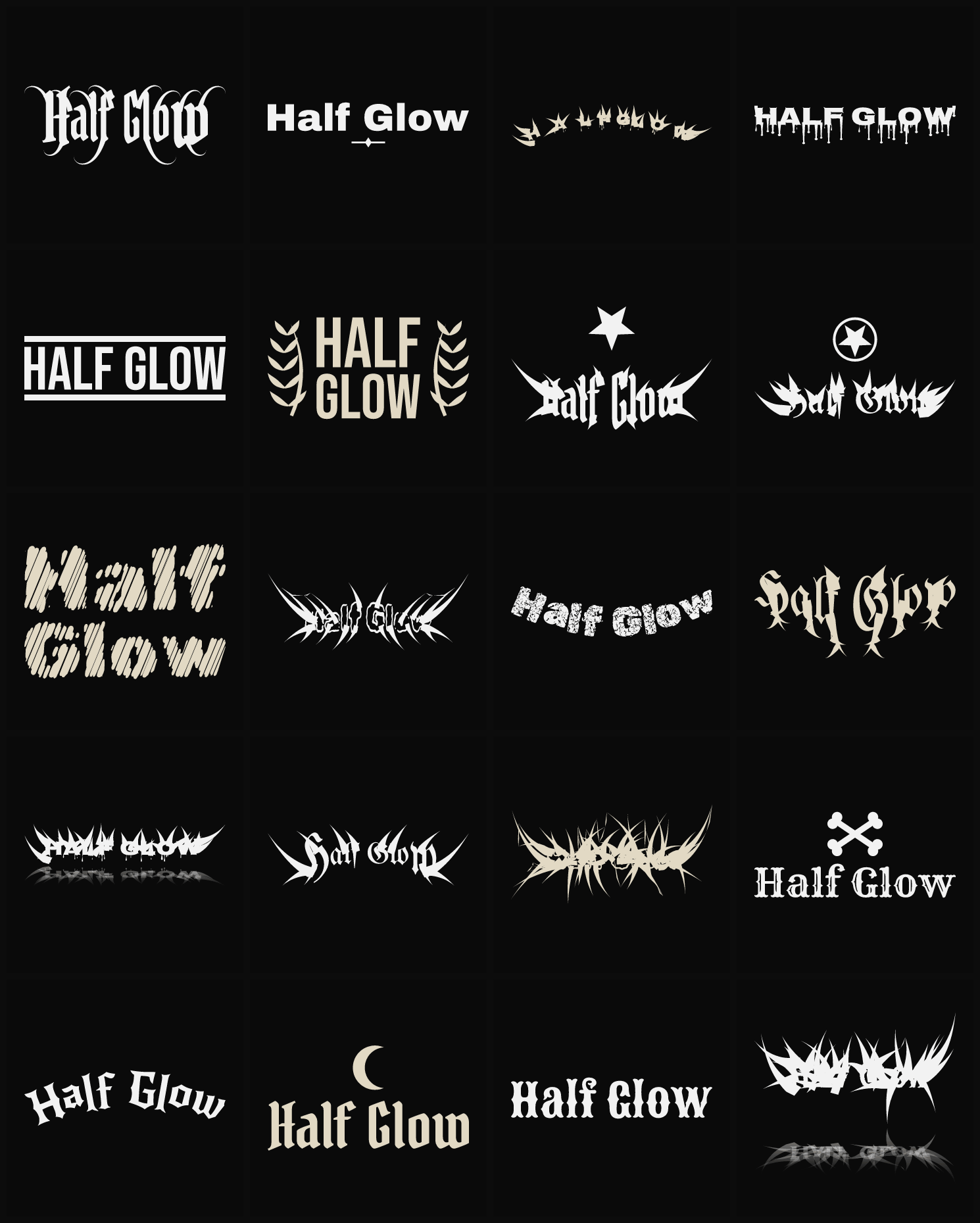 Twenty Half Glow band logo ideas — different faces, treatments and spike settings