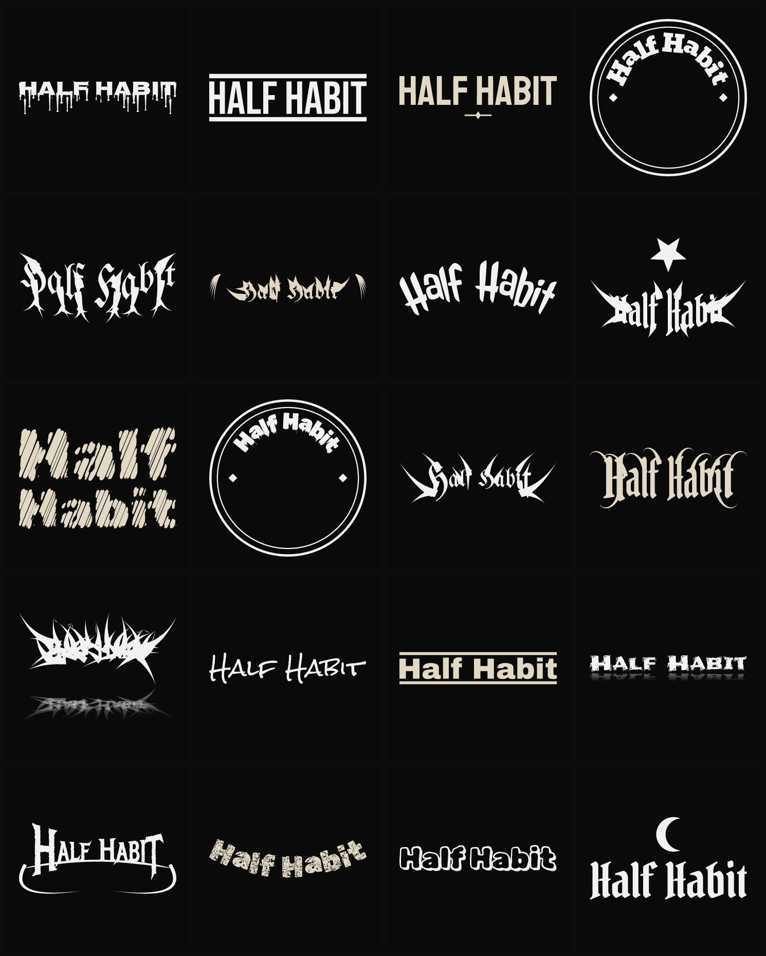 Twenty Half Habit band logo ideas — different faces, treatments and spike settings