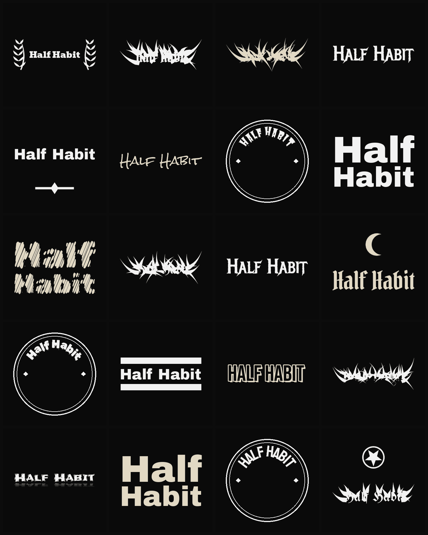 Twenty Half Habit band logo ideas — different faces, treatments and spike settings