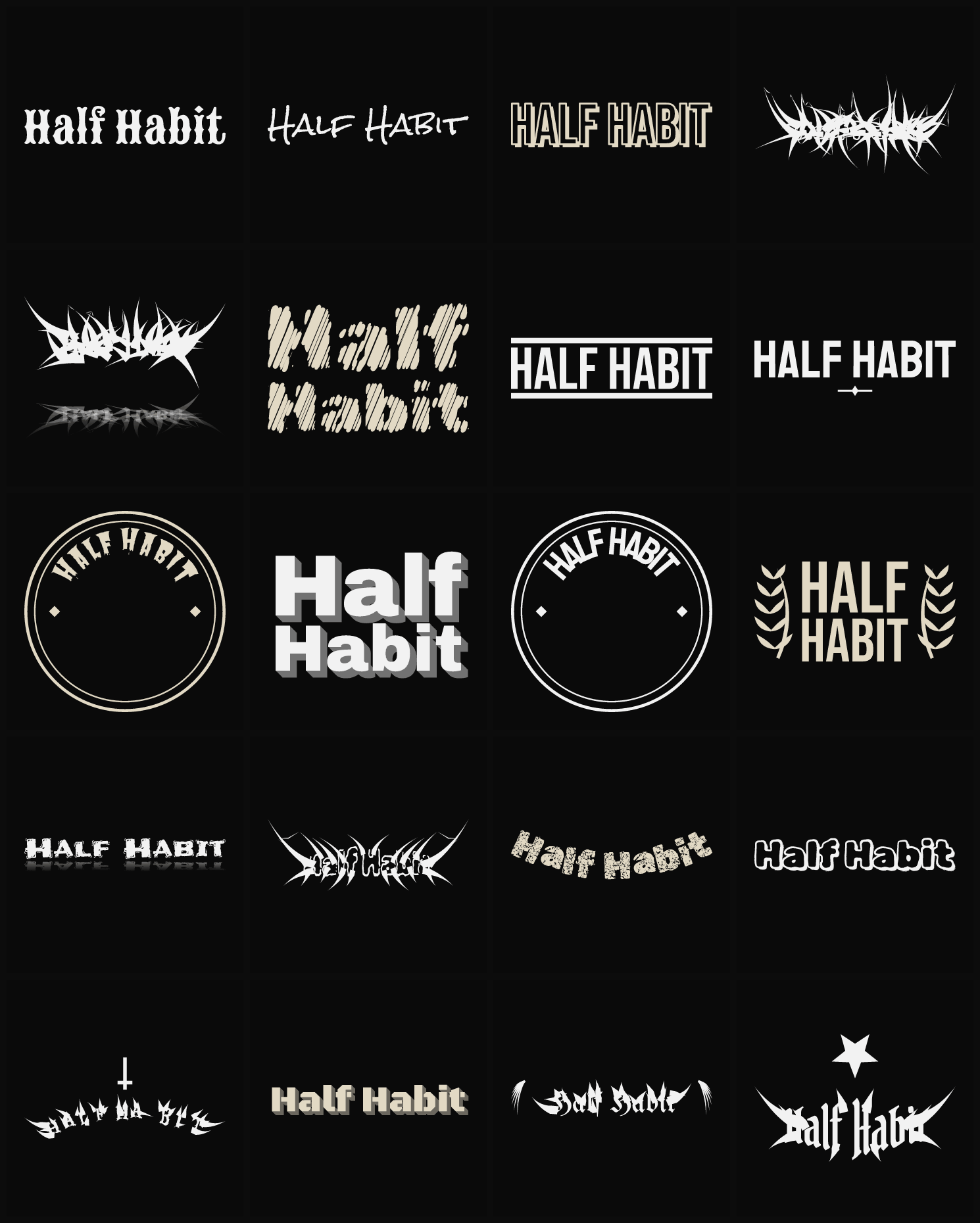 Twenty Half Habit band logo ideas — different faces, treatments and spike settings