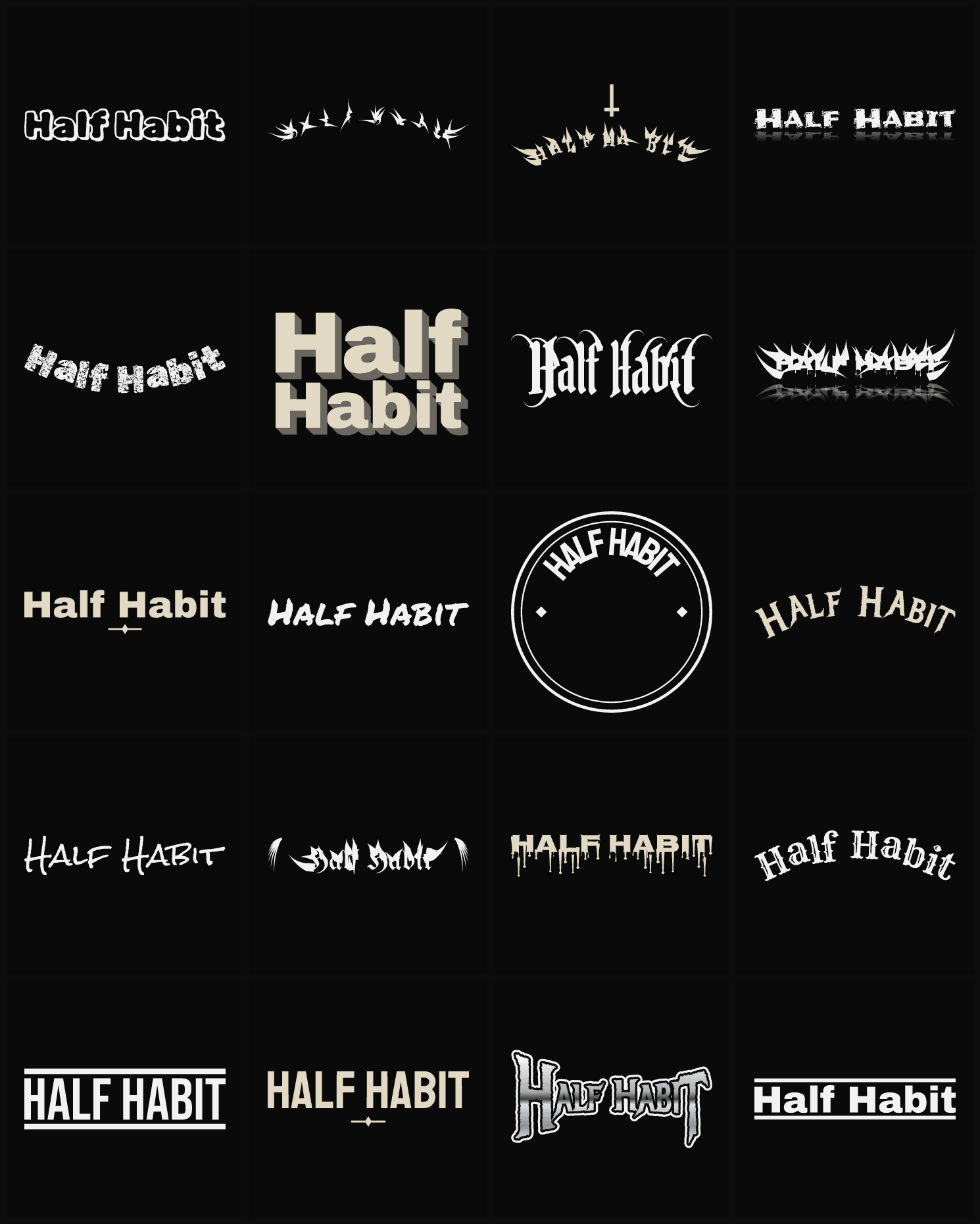 Twenty Half Habit band logo ideas — different faces, treatments and spike settings