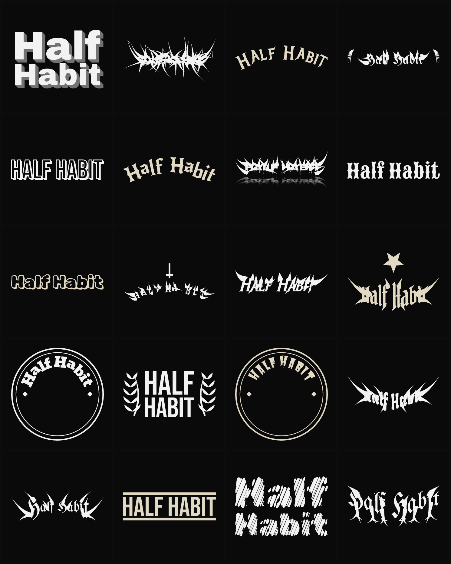 Twenty Half Habit band logo ideas — different faces, treatments and spike settings