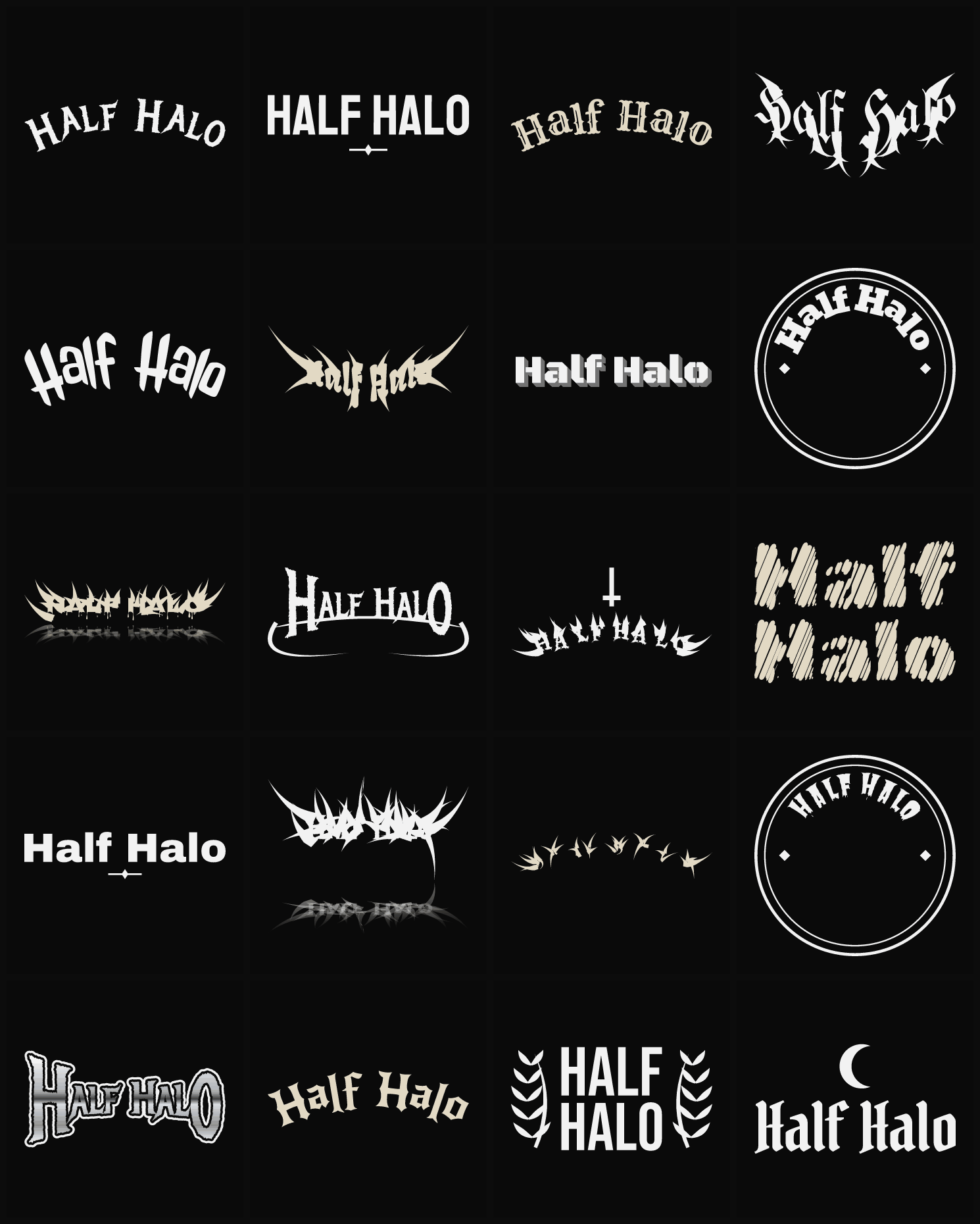 Twenty Half Halo band logo ideas — different faces, treatments and spike settings