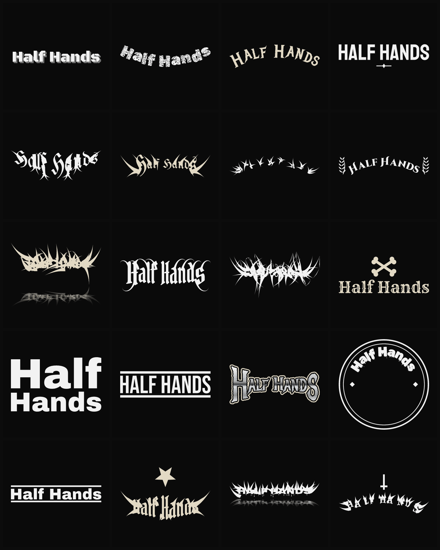 Twenty Half Hands band logo ideas — different faces, treatments and spike settings