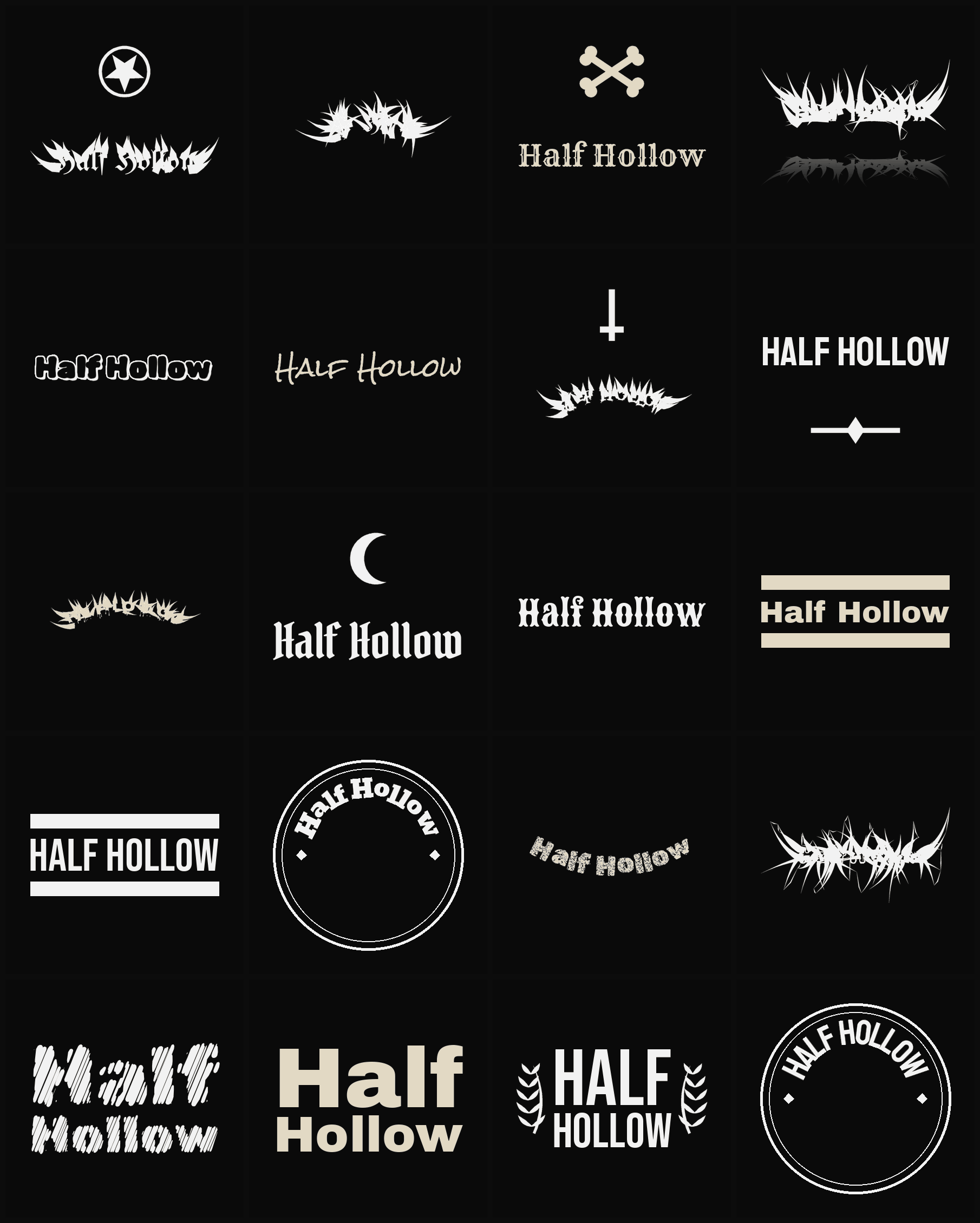 Twenty Half Hollow band logo ideas — different faces, treatments and spike settings