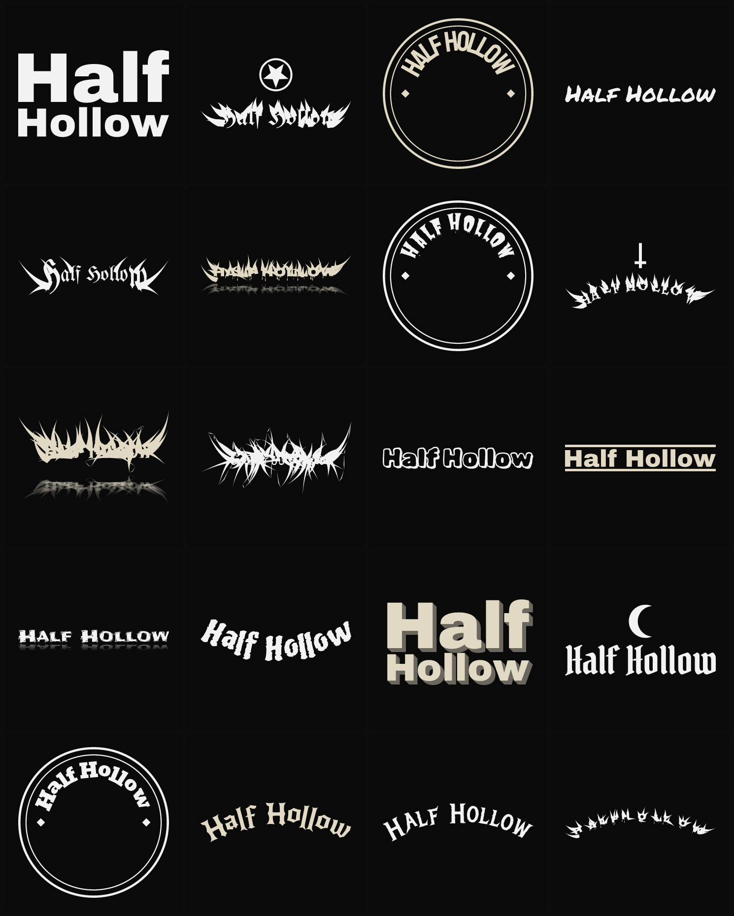 Twenty Half Hollow band logo ideas — different faces, treatments and spike settings