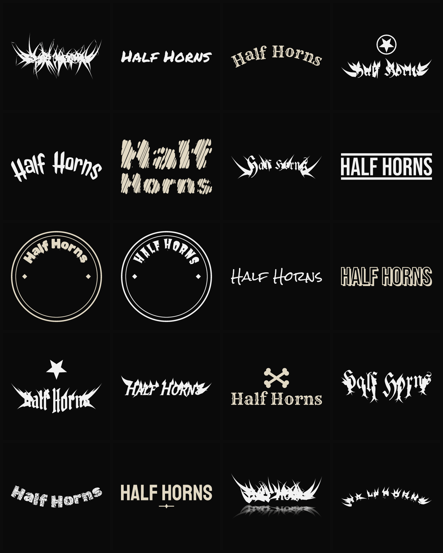 Twenty Half Horns band logo ideas — different faces, treatments and spike settings