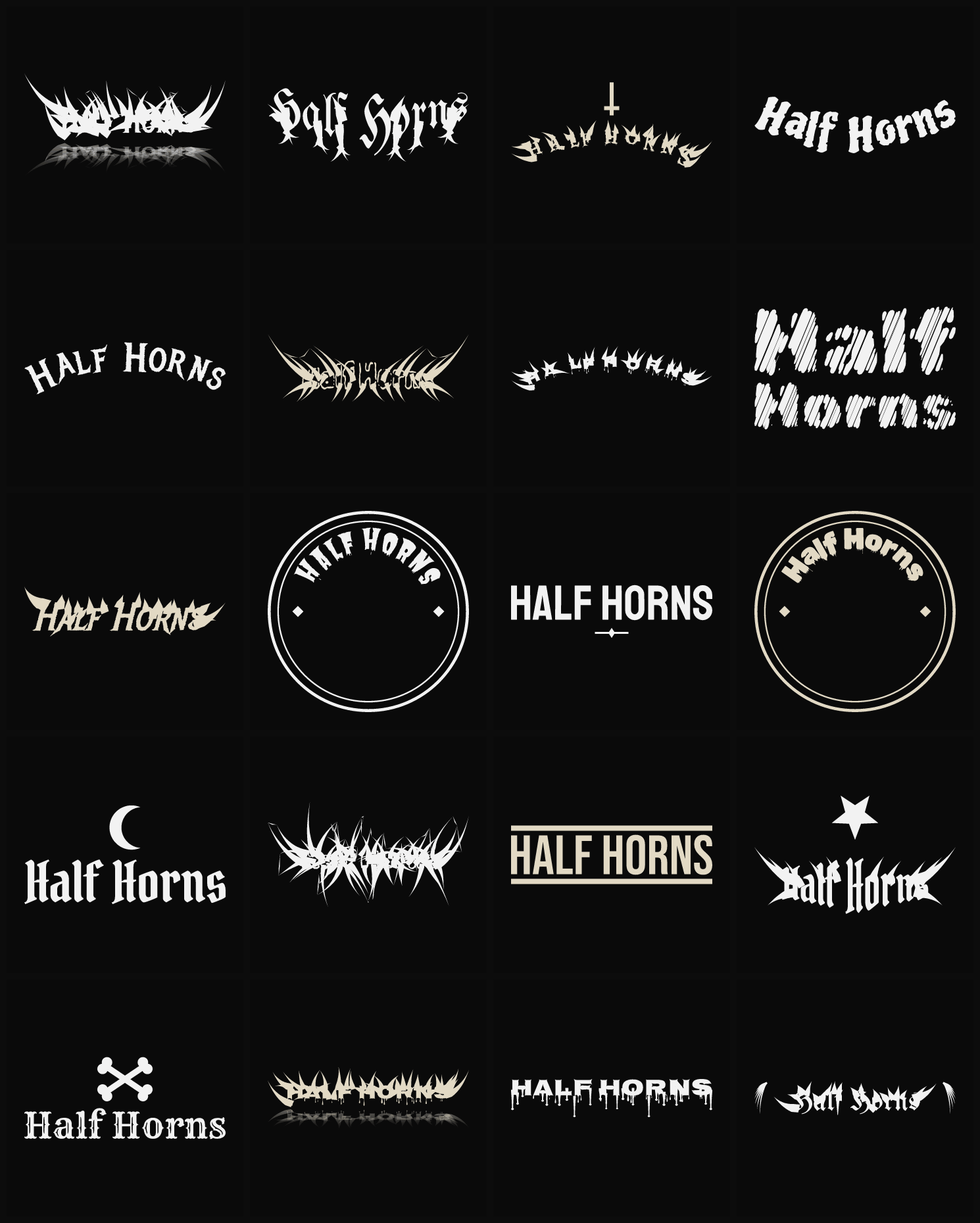 Twenty Half Horns band logo ideas — different faces, treatments and spike settings
