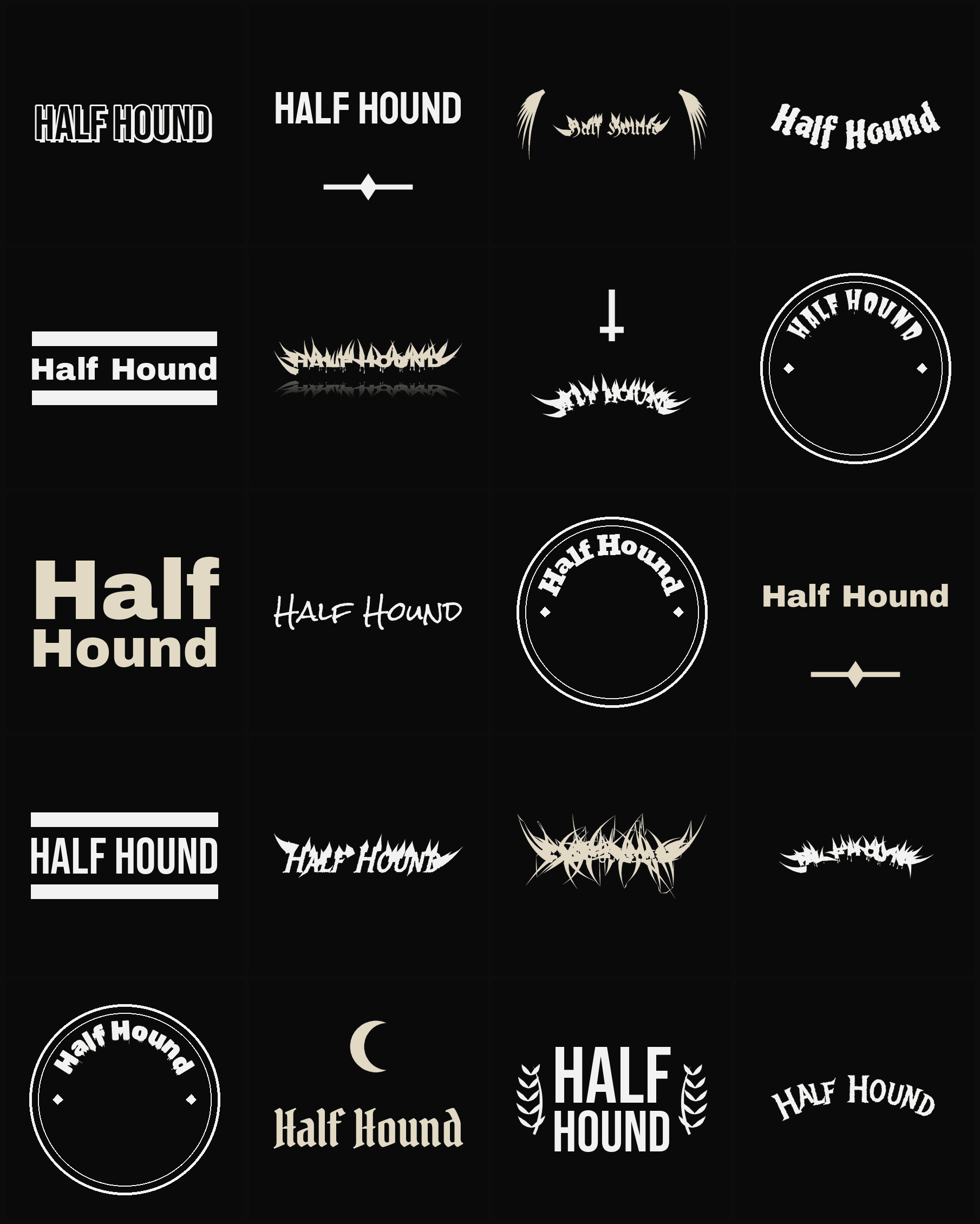 Twenty Half Hound band logo ideas — different faces, treatments and spike settings