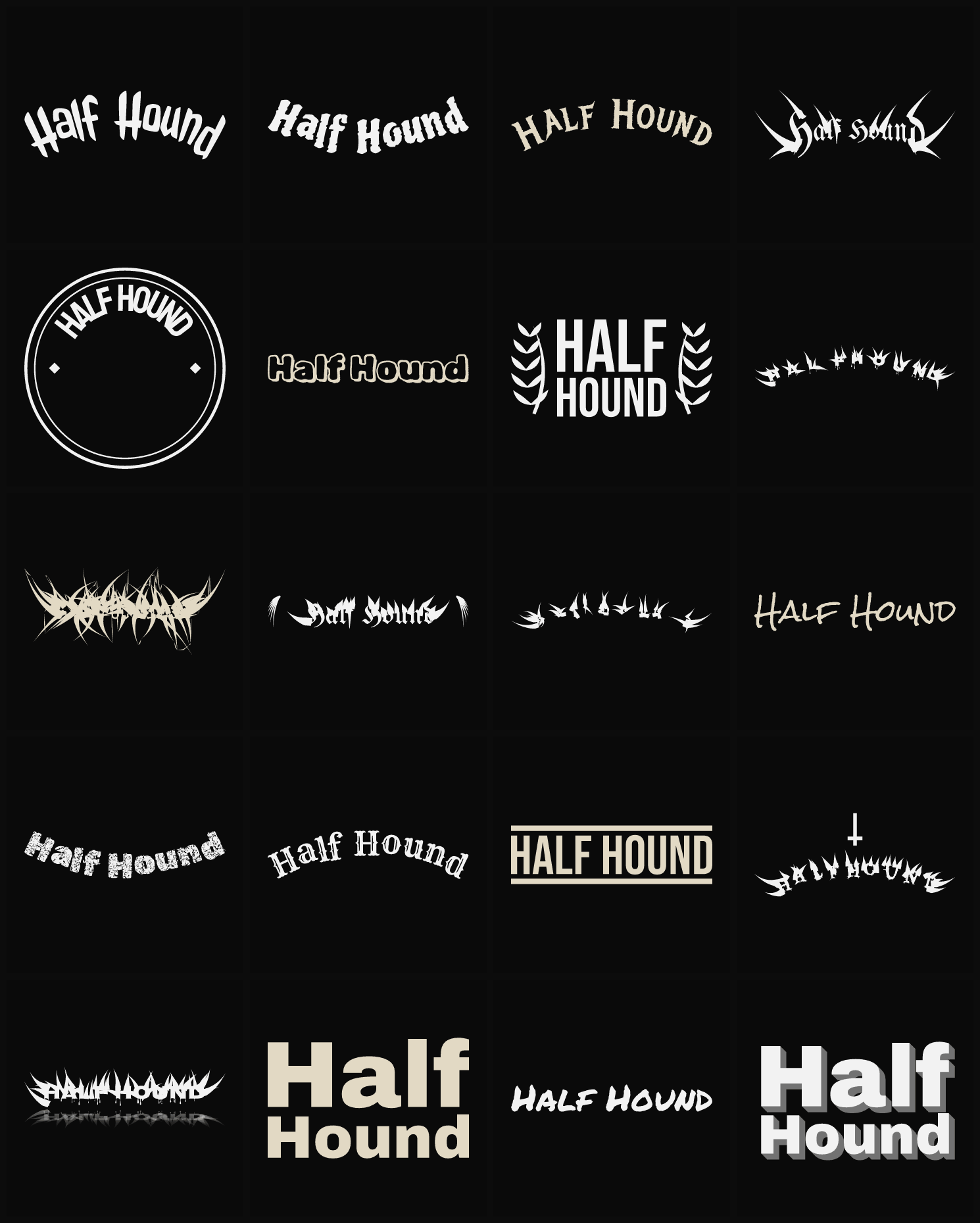 Twenty Half Hound band logo ideas — different faces, treatments and spike settings