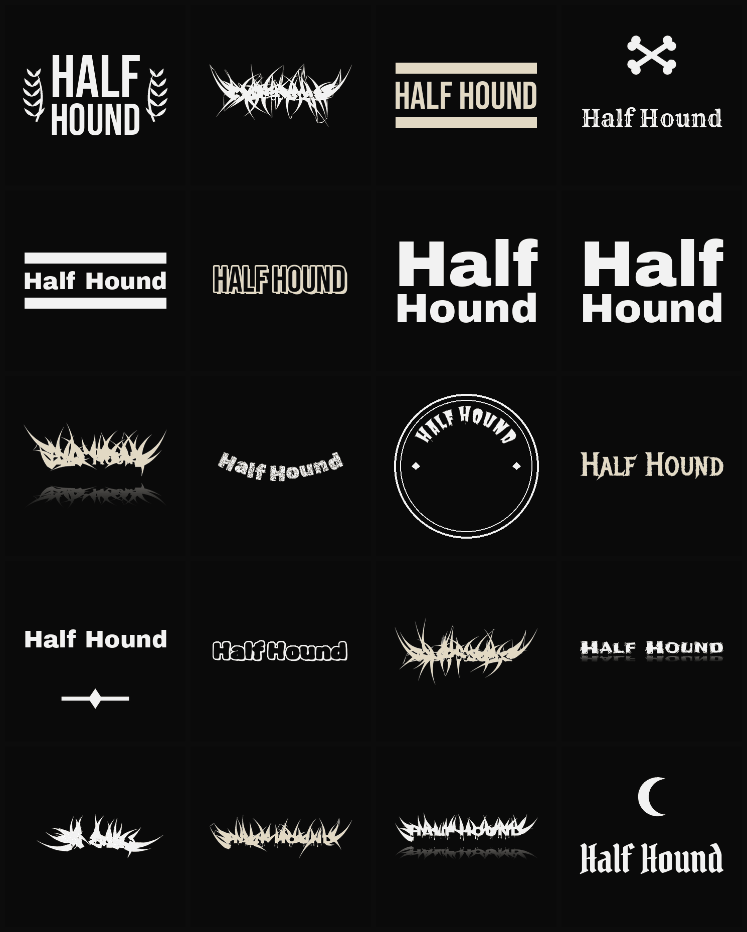 Twenty Half Hound band logo ideas — different faces, treatments and spike settings