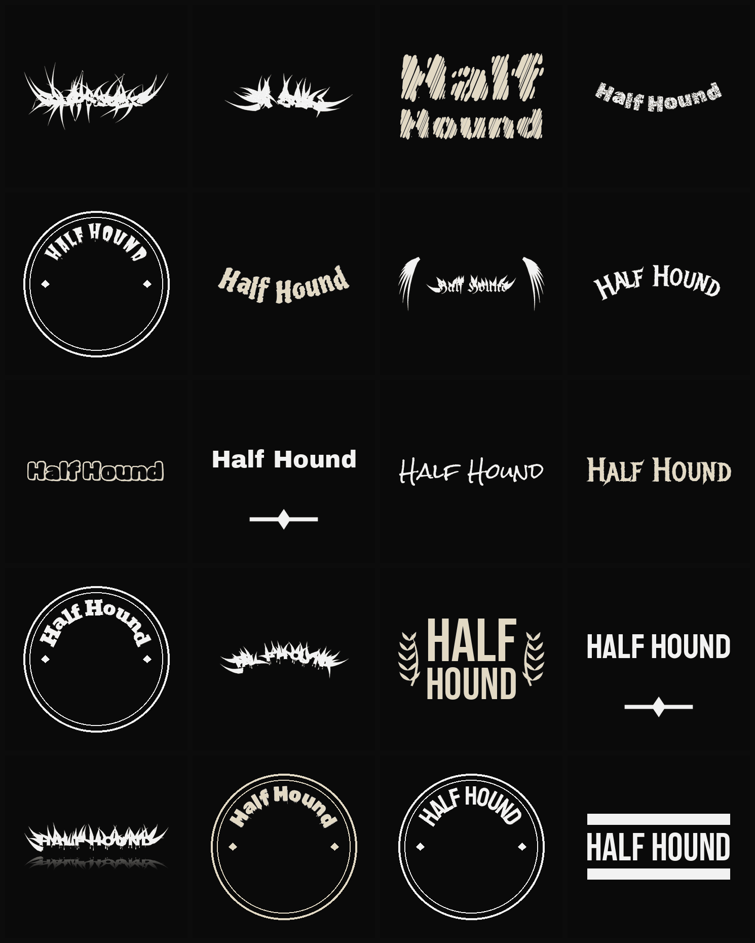 Twenty Half Hound band logo ideas — different faces, treatments and spike settings