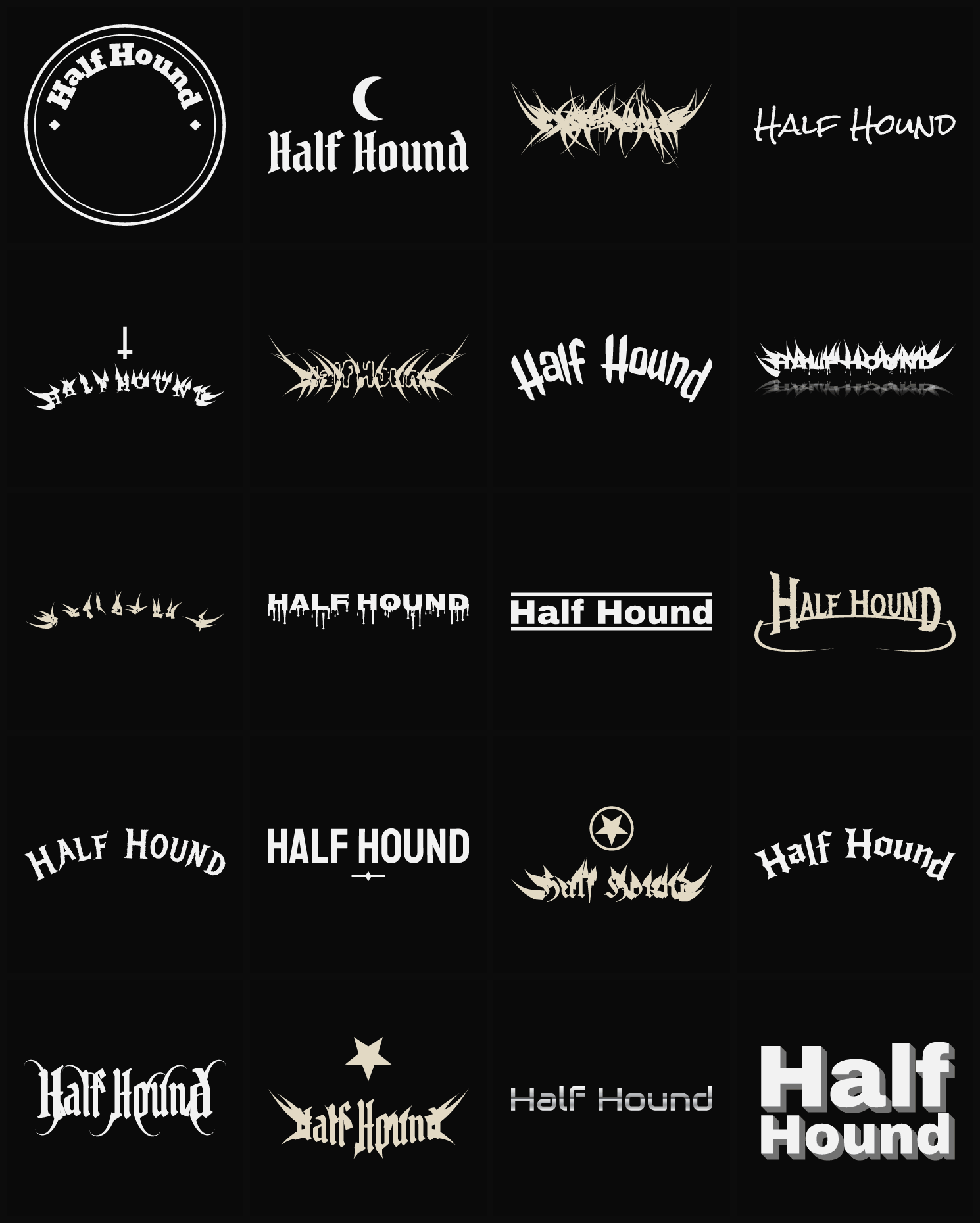 Twenty Half Hound band logo ideas — different faces, treatments and spike settings