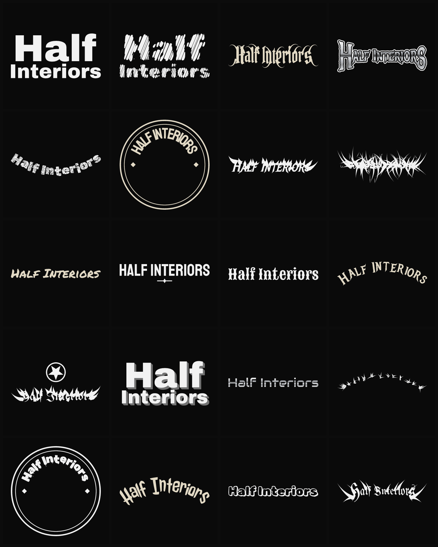 Twenty Half Interiors band logo ideas — different faces, treatments and spike settings