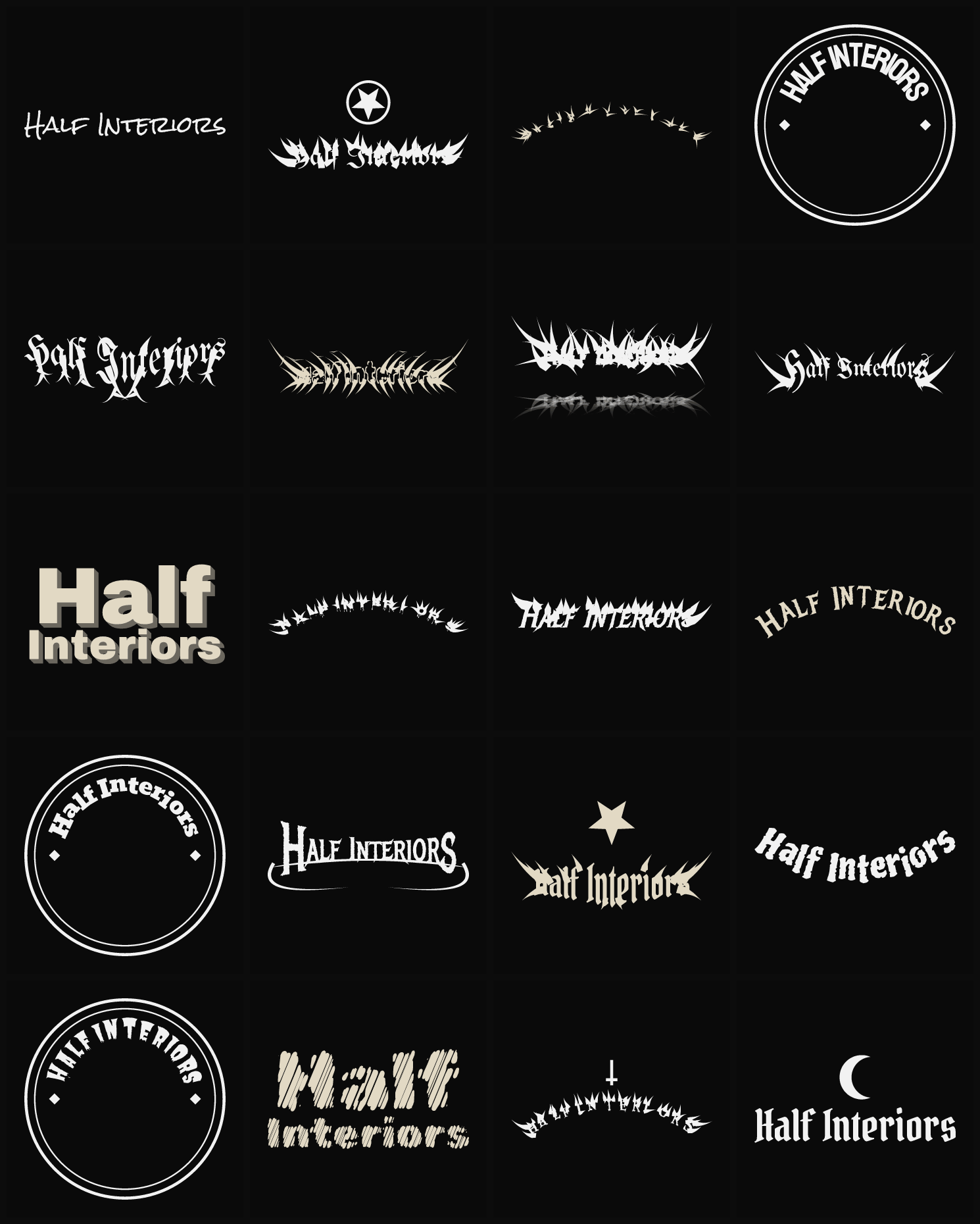 Twenty Half Interiors band logo ideas — different faces, treatments and spike settings