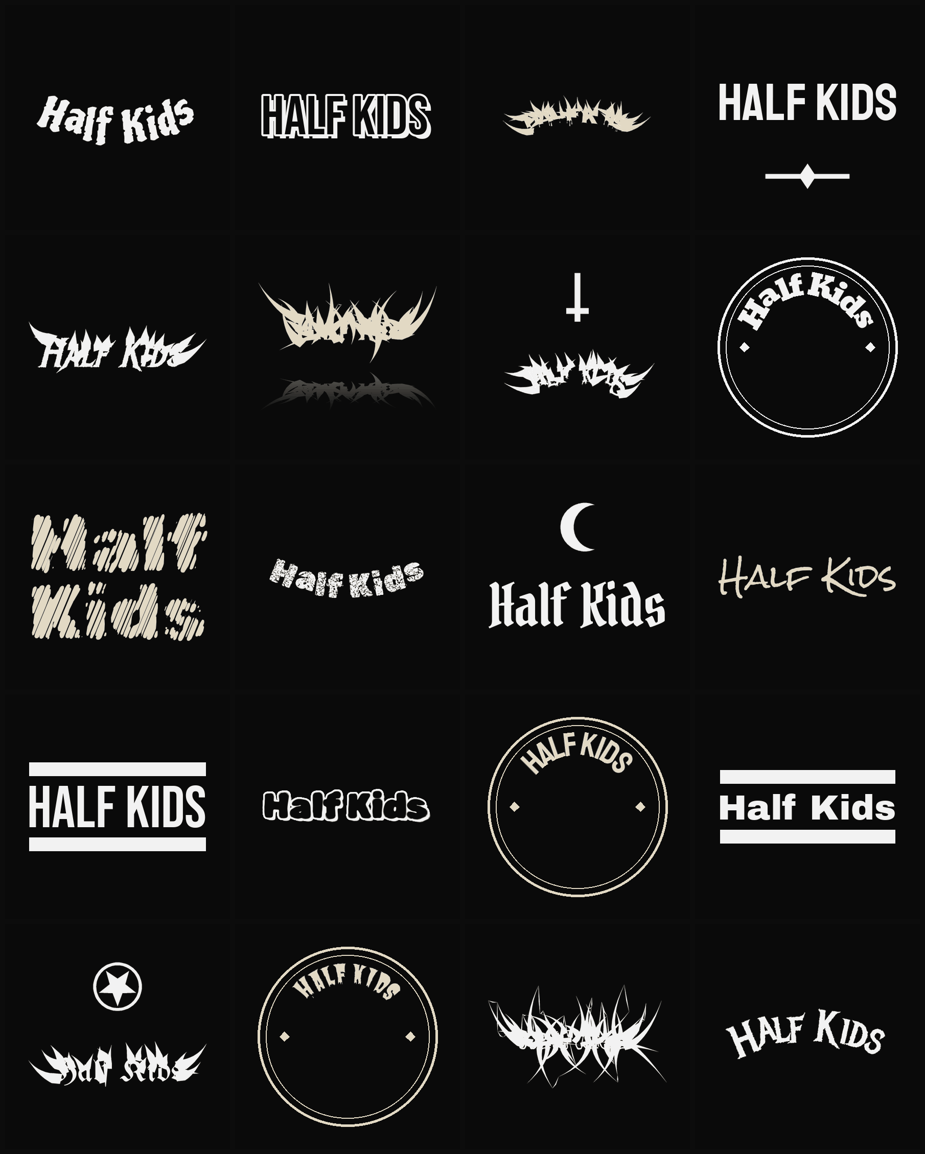 Twenty Half Kids band logo ideas — different faces, treatments and spike settings
