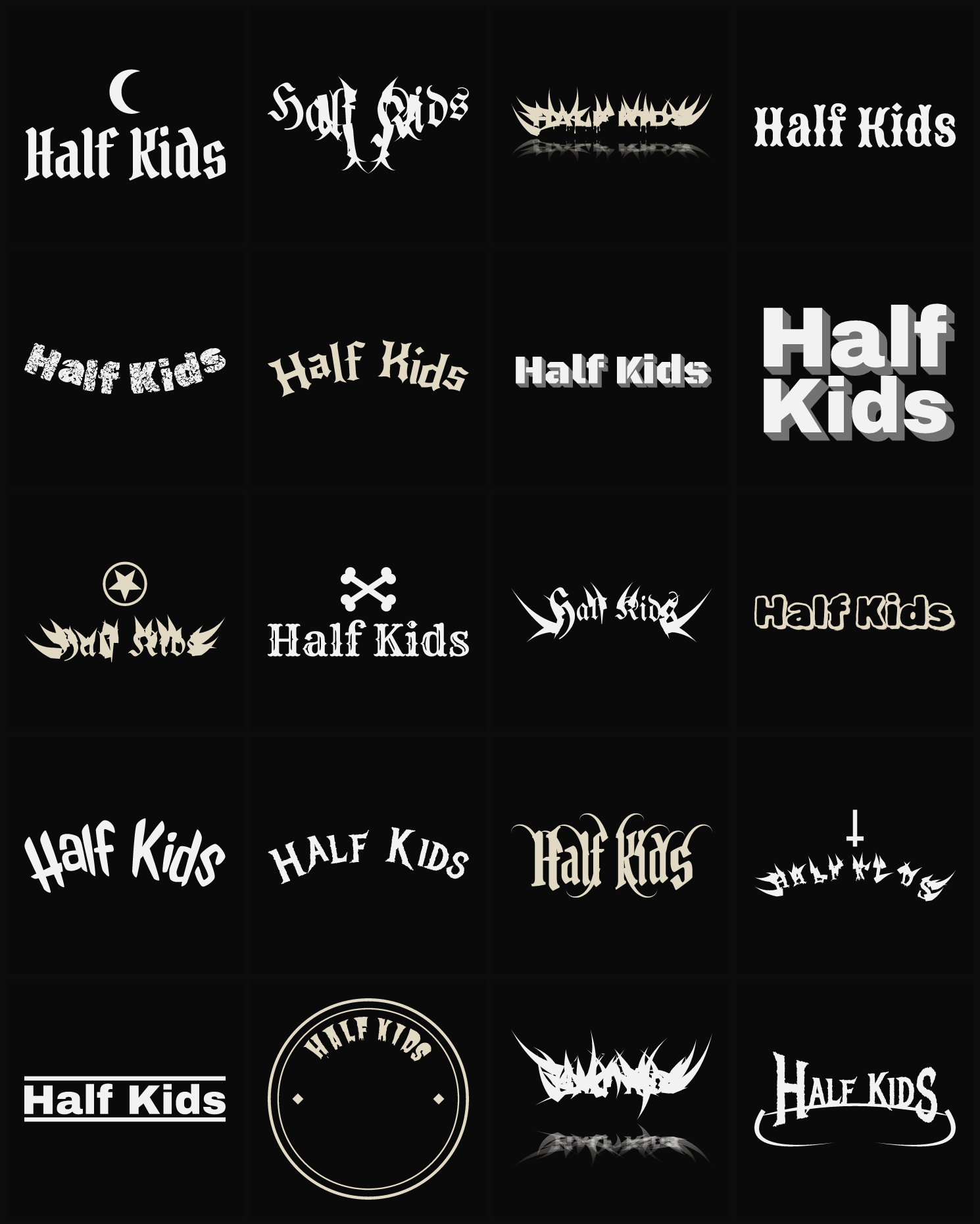 Twenty Half Kids band logo ideas — different faces, treatments and spike settings