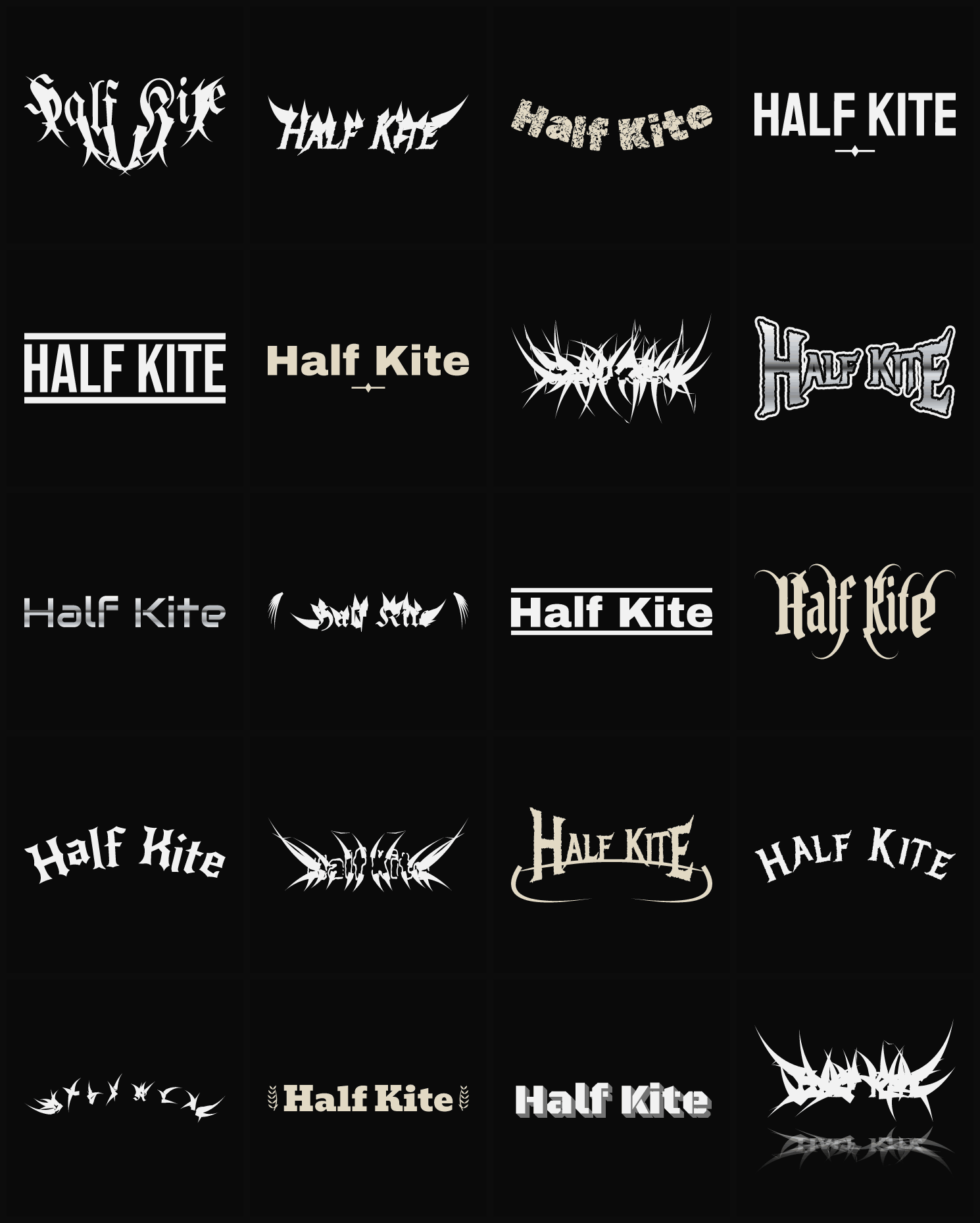 Twenty Half Kite band logo ideas — different faces, treatments and spike settings