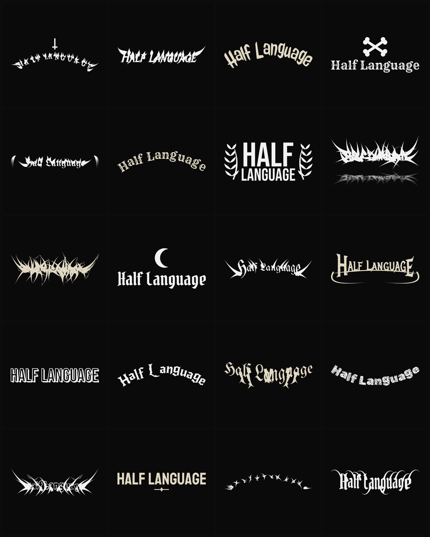 Twenty Half Language band logo ideas — different faces, treatments and spike settings