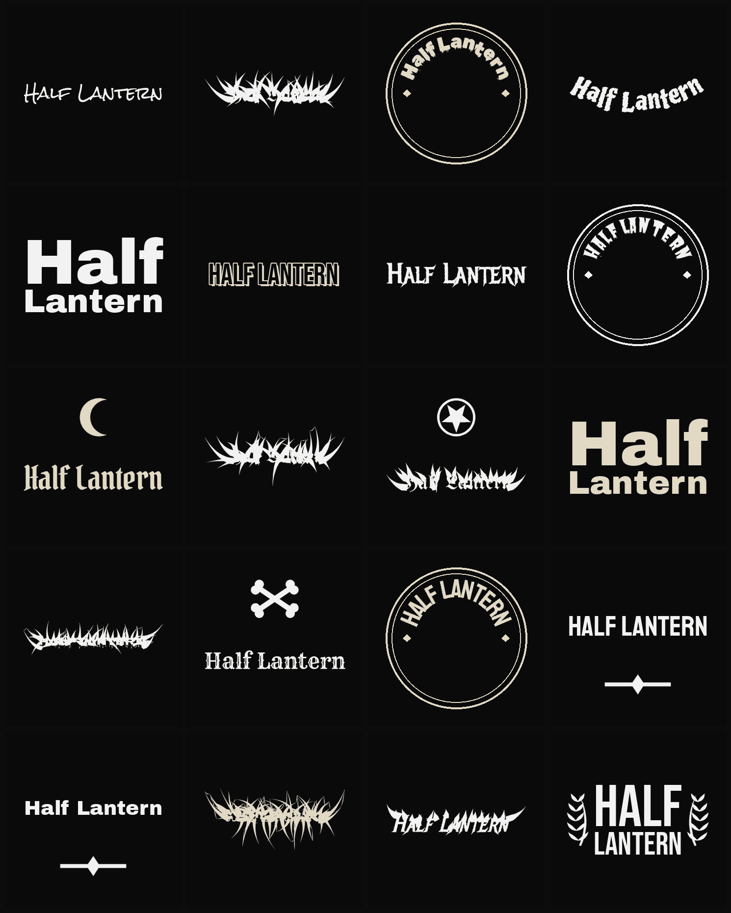 Twenty Half Lantern band logo ideas — different faces, treatments and spike settings