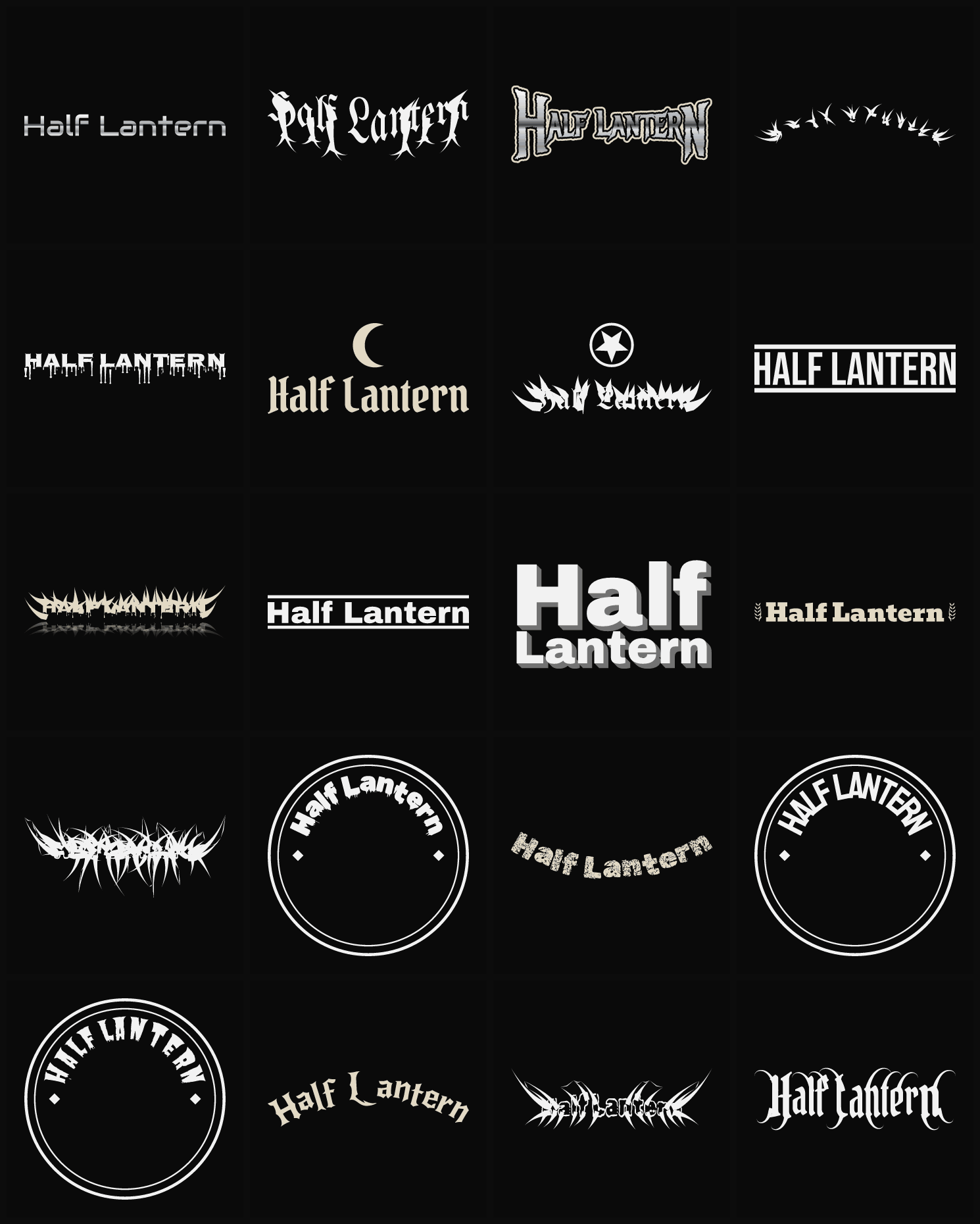 Twenty Half Lantern band logo ideas — different faces, treatments and spike settings