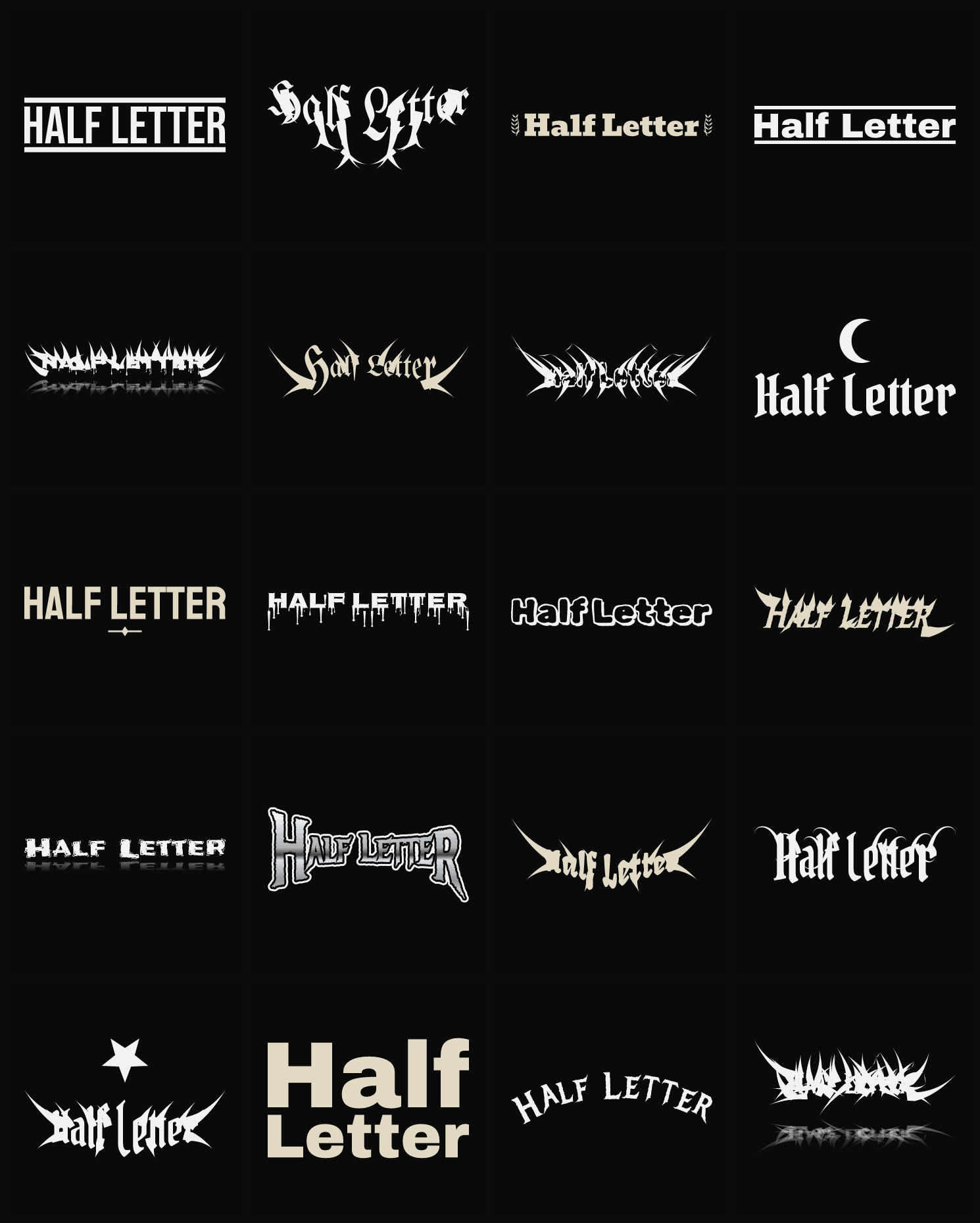 Twenty Half Letter band logo ideas — different faces, treatments and spike settings