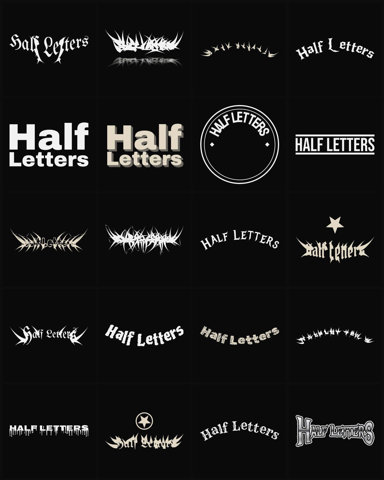 Twenty Half Letters band logo ideas — different faces, treatments and spike settings
