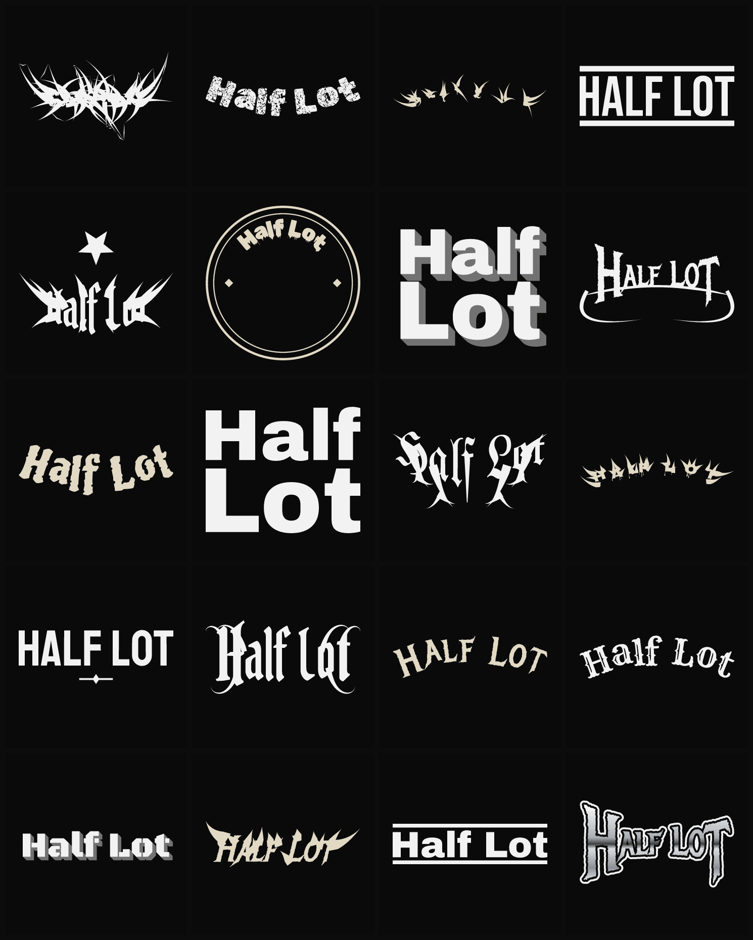 Twenty Half Lot band logo ideas — different faces, treatments and spike settings