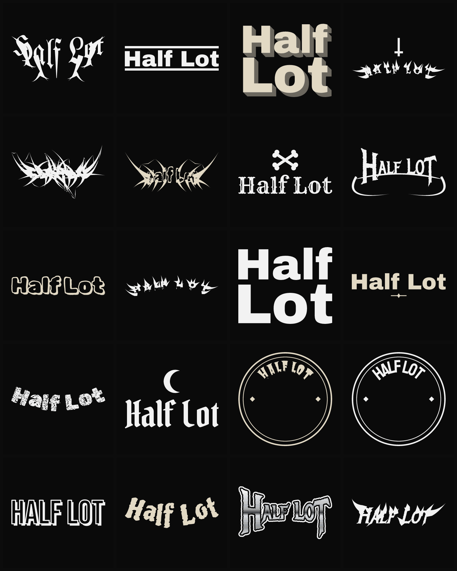 Twenty Half Lot band logo ideas — different faces, treatments and spike settings