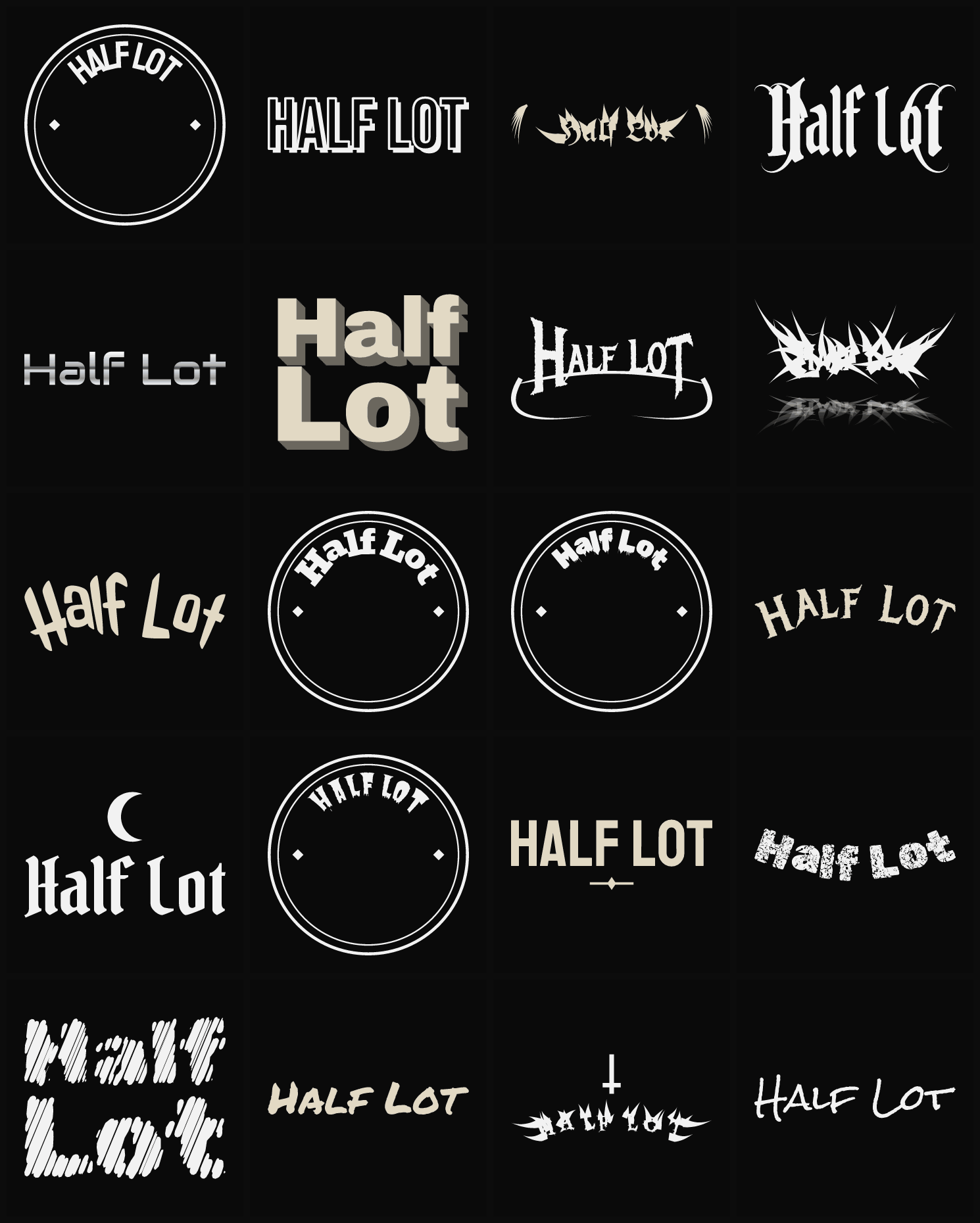 Twenty Half Lot band logo ideas — different faces, treatments and spike settings