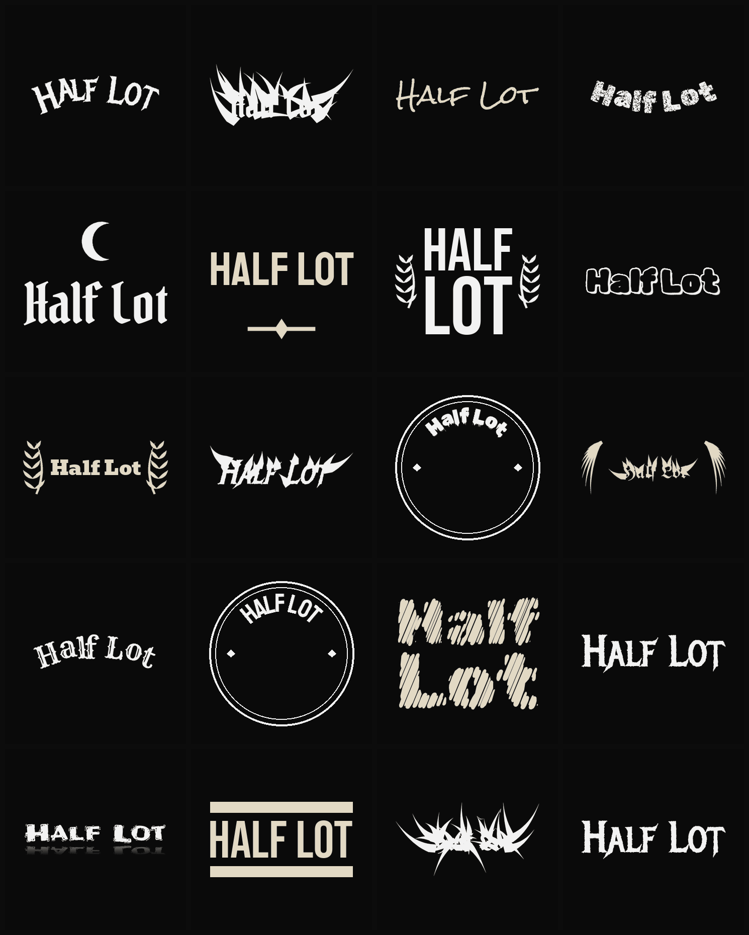 Twenty Half Lot band logo ideas — different faces, treatments and spike settings