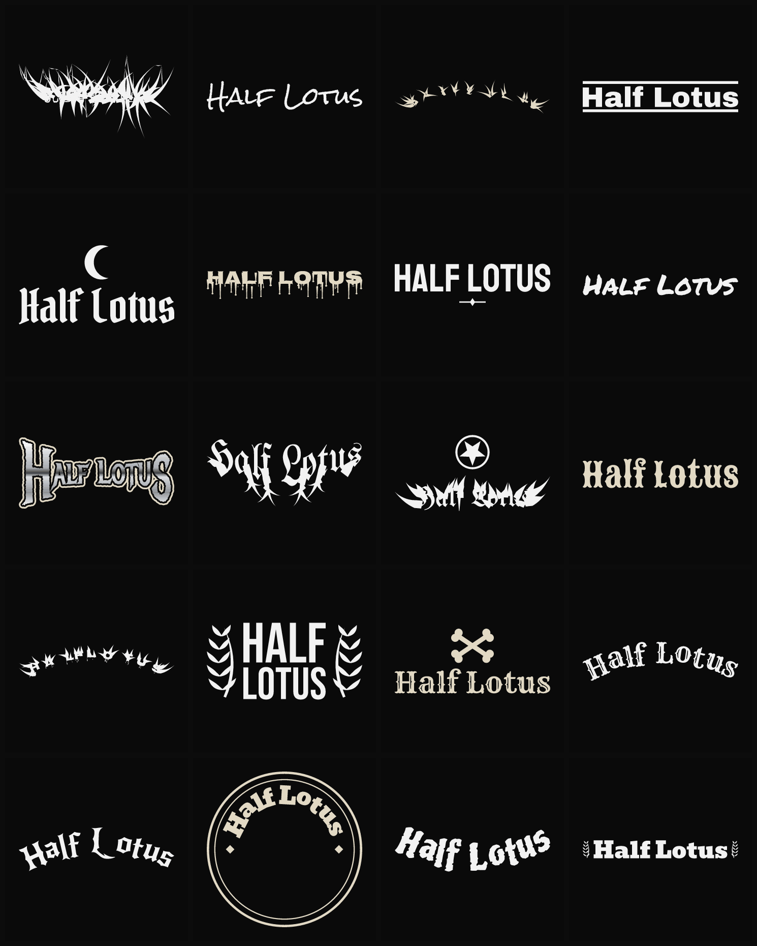 Twenty Half Lotus band logo ideas — different faces, treatments and spike settings