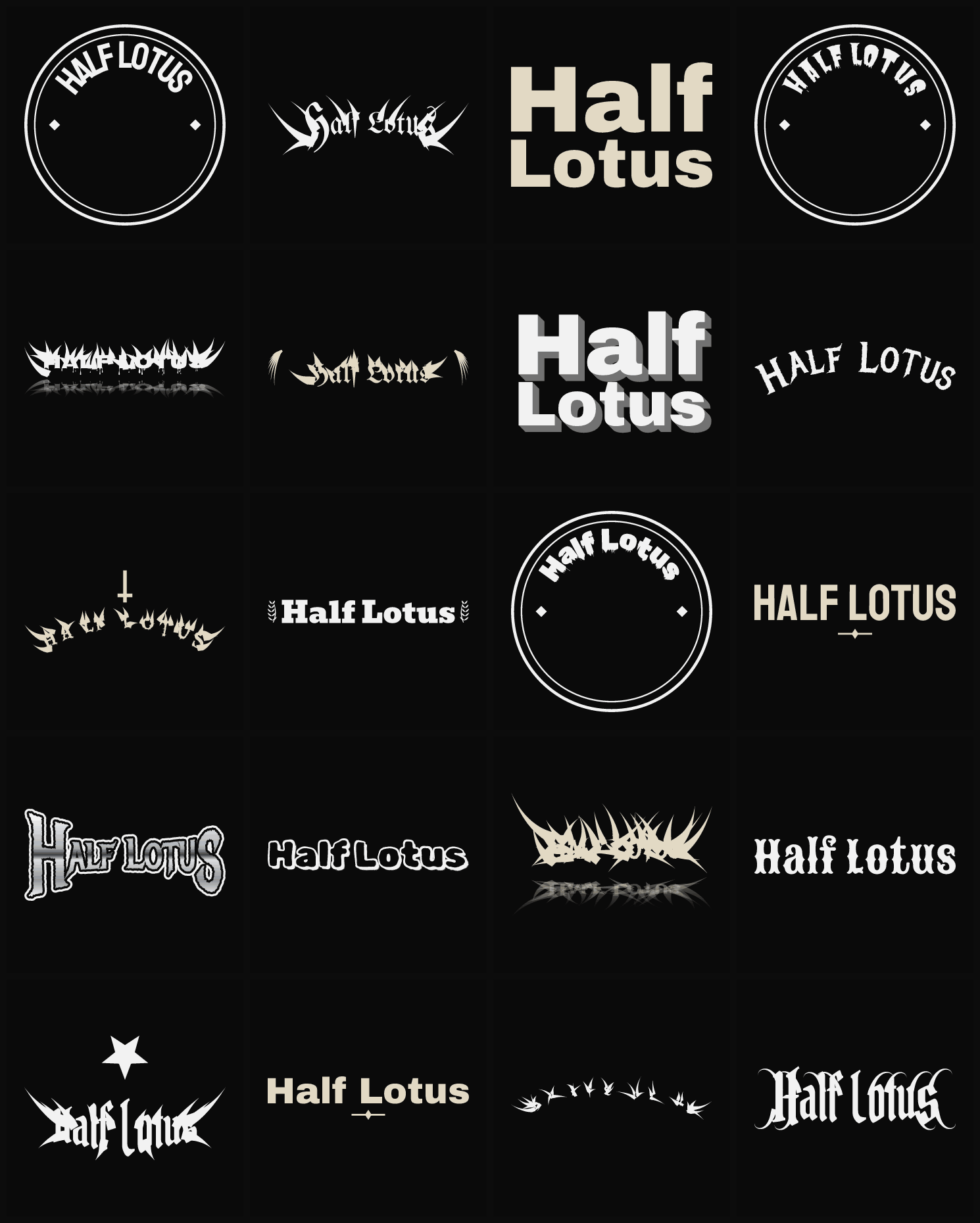 Twenty Half Lotus band logo ideas — different faces, treatments and spike settings