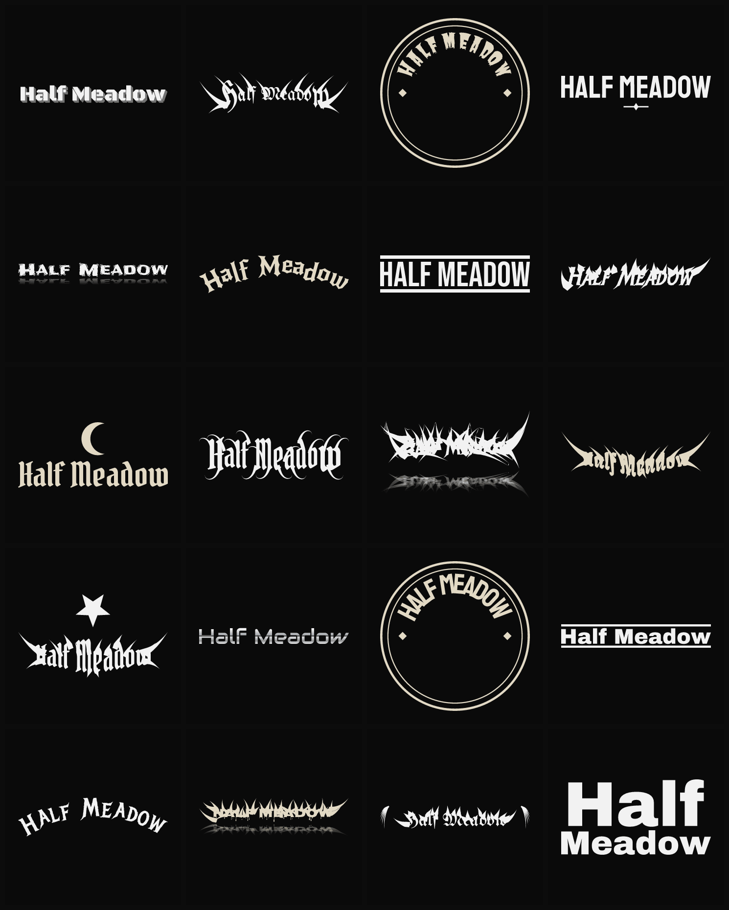 Twenty Half Meadow band logo ideas — different faces, treatments and spike settings