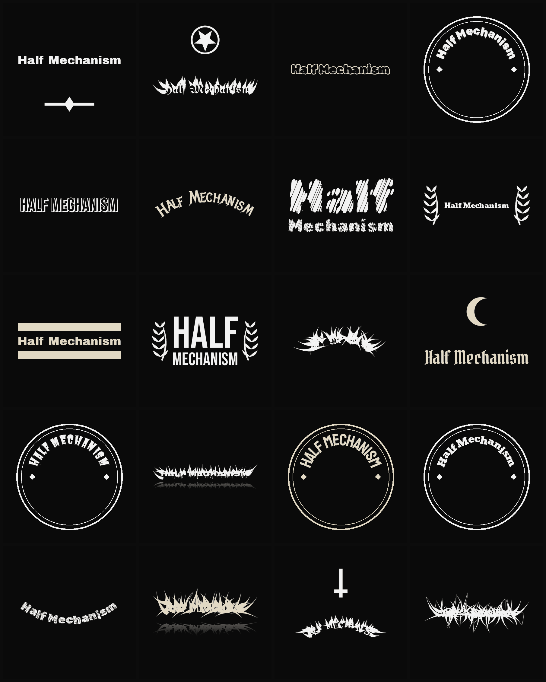 Twenty Half Mechanism band logo ideas — different faces, treatments and spike settings