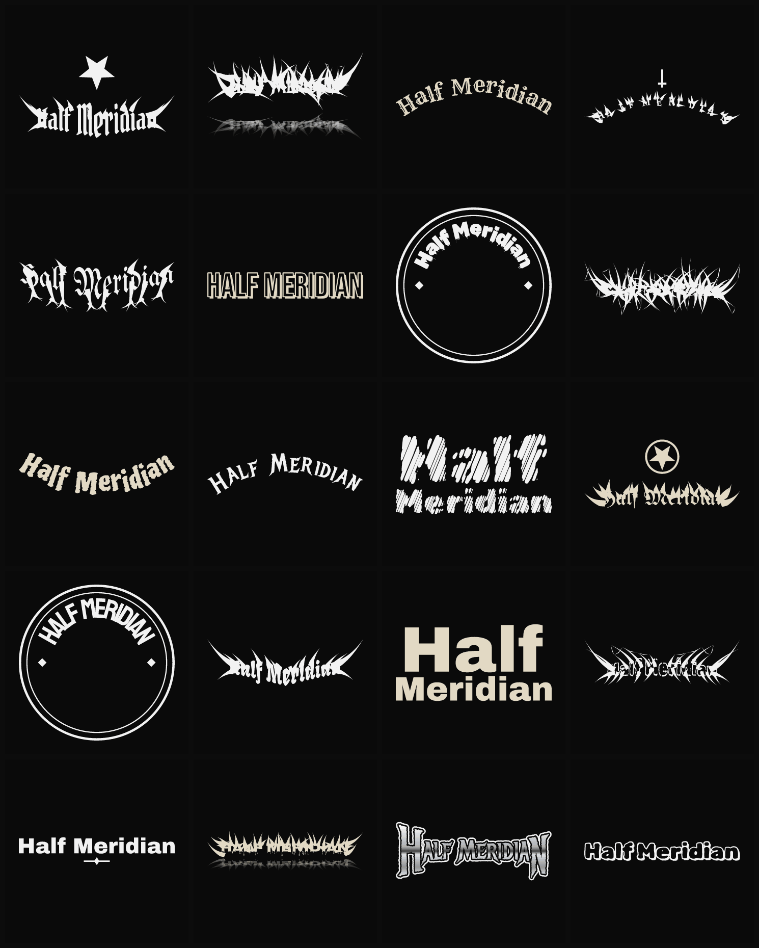 Twenty Half Meridian band logo ideas — different faces, treatments and spike settings