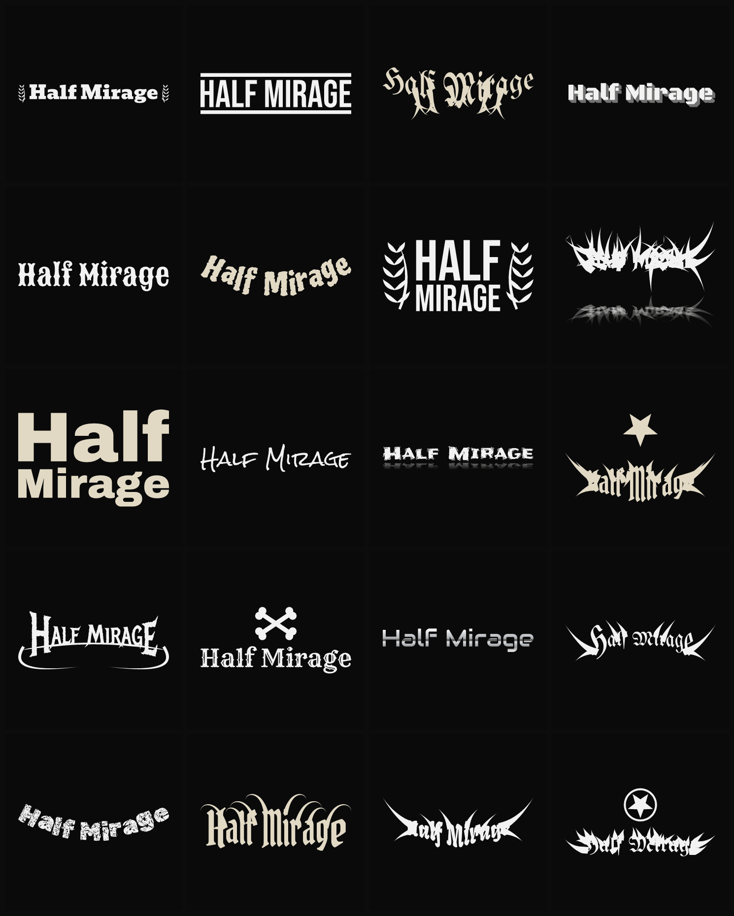 Twenty Half Mirage band logo ideas — different faces, treatments and spike settings