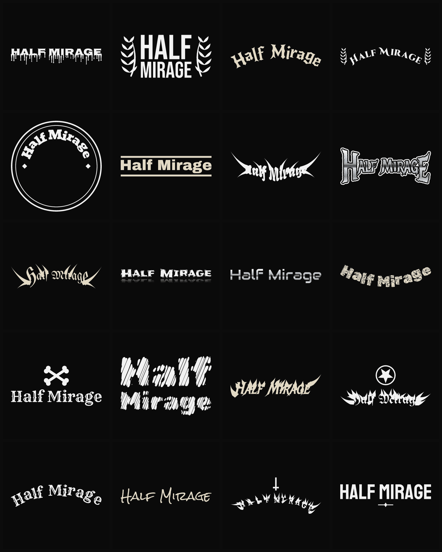 Twenty Half Mirage band logo ideas — different faces, treatments and spike settings