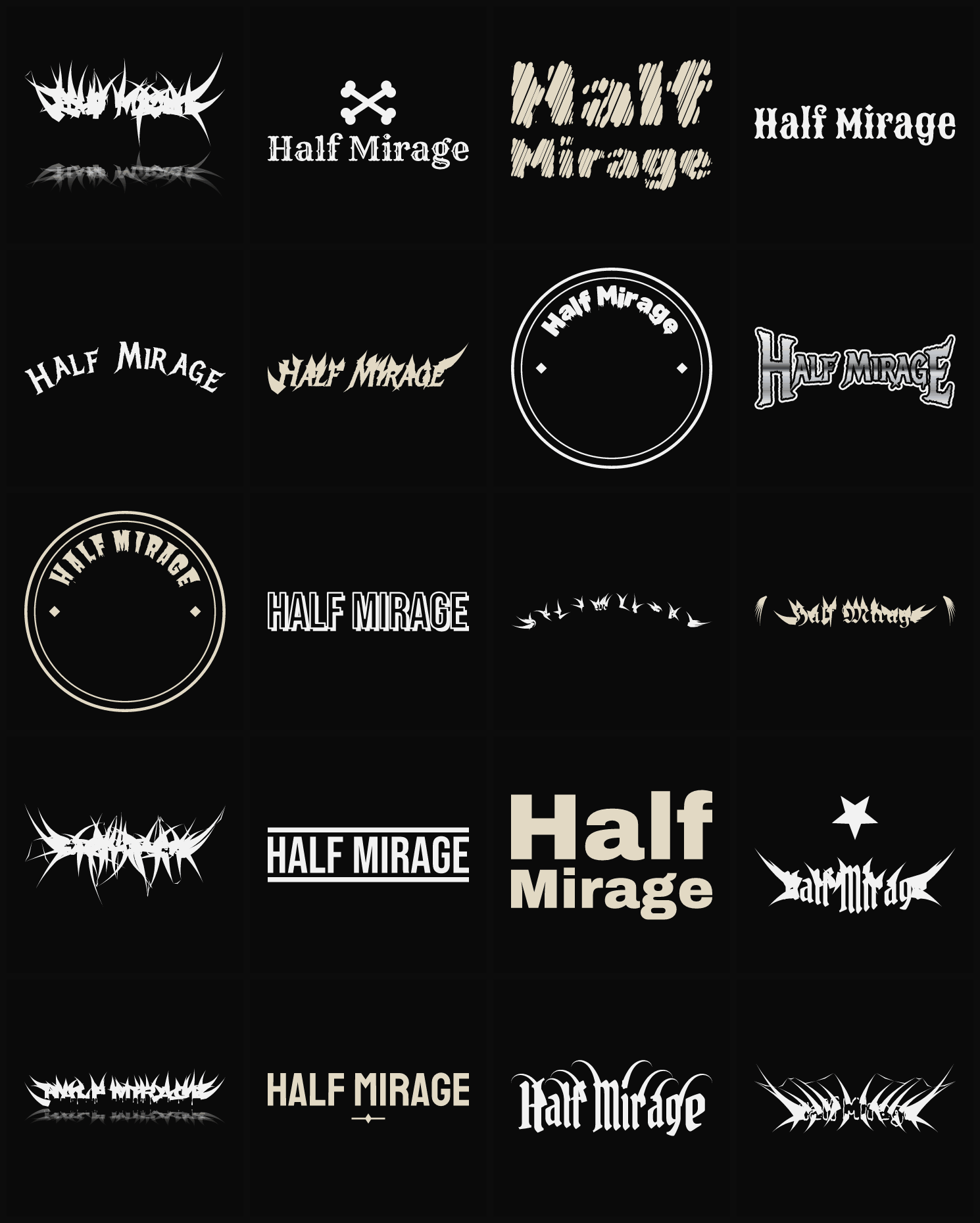 Twenty Half Mirage band logo ideas — different faces, treatments and spike settings