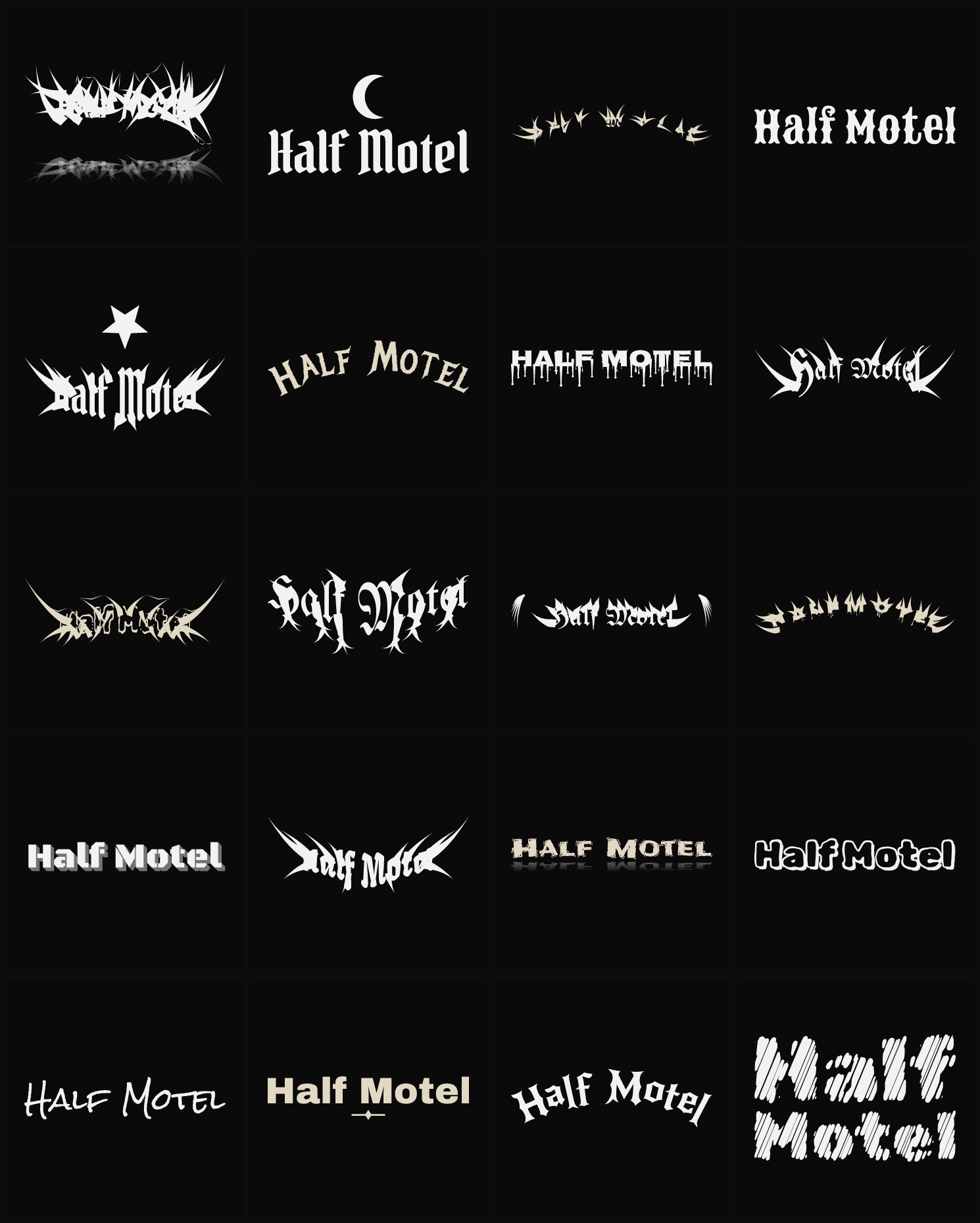 Twenty Half Motel band logo ideas — different faces, treatments and spike settings