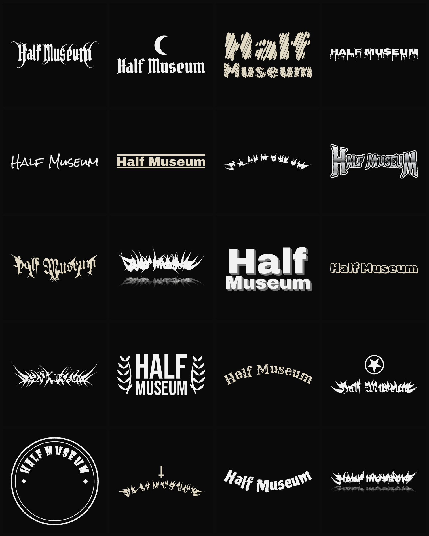 Twenty Half Museum band logo ideas — different faces, treatments and spike settings