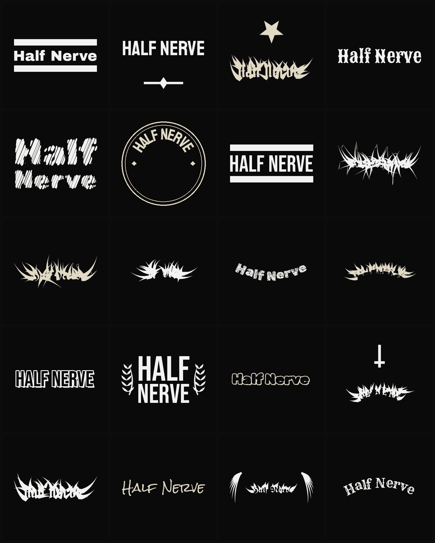 Twenty Half Nerve band logo ideas — different faces, treatments and spike settings
